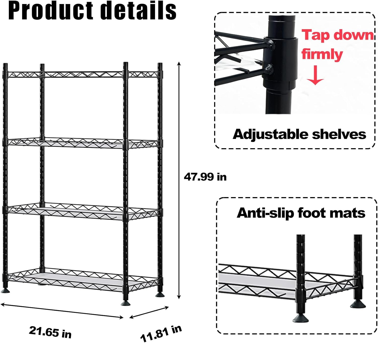 4 Shelf Storage Shelving Adjustable Standing Shelf Units Organizer Rack for Garage Kitchen Metal Heavy Duty Sheleves with Non-Slip Foot Mats 21.65” L x 11.81” W x 47.99” H, Black