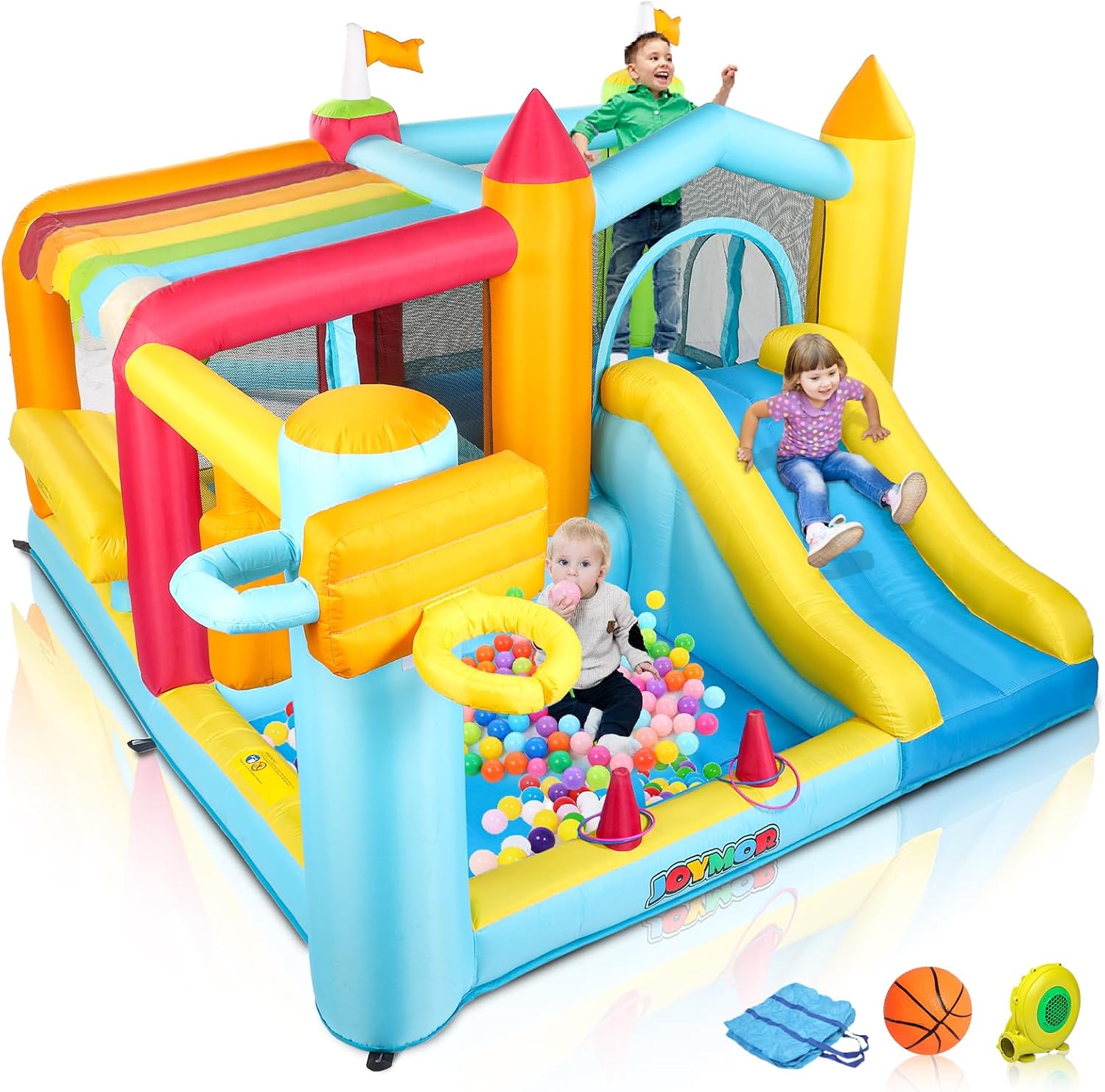 JOYMOR 9-in-1 Bounce House for Ages 8-12 with Height-Adjustable Basketball Hoop, 30s Quick Inflatable Bouncer for Ages 3-6 with Blower, Portable Bag for Indoor & Outdoor Party (Kiosk Theme)