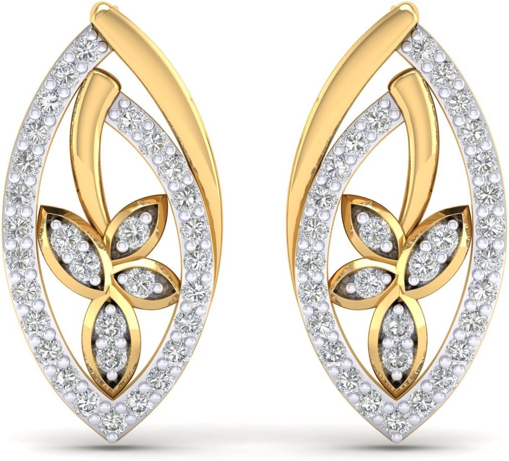 14K Yellow Gold Plated Round AAA+ Cuibc Zirconia Marquise Shape Leaf Stud Earrings