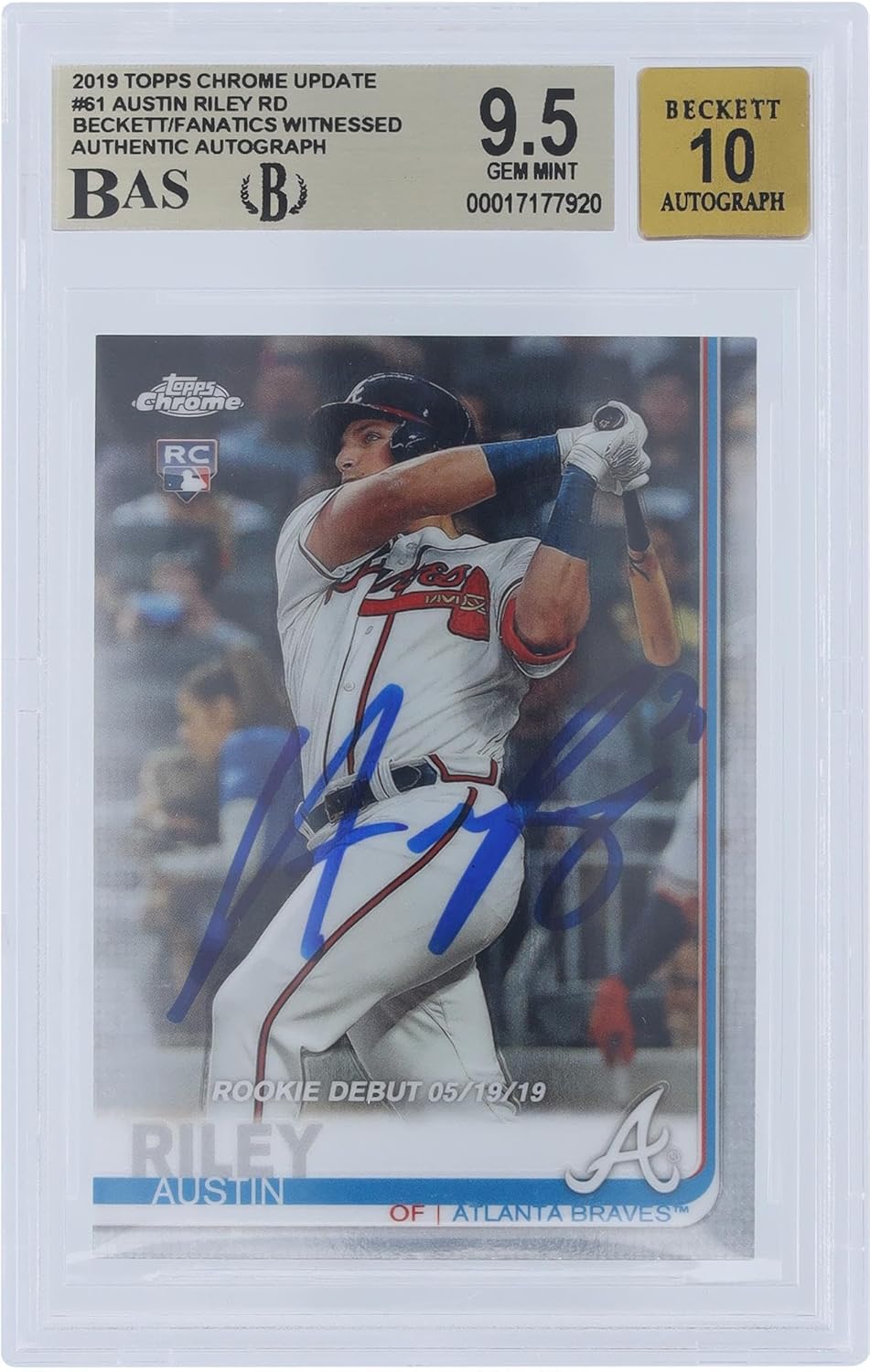 Austin Riley Atlanta Braves Autographed 2019 Topps Chrome Update #61 Beckett Fanatics Witnessed Authenticated 9.5/10 Rookie Card - Baseball Slabbed Autographed Cards