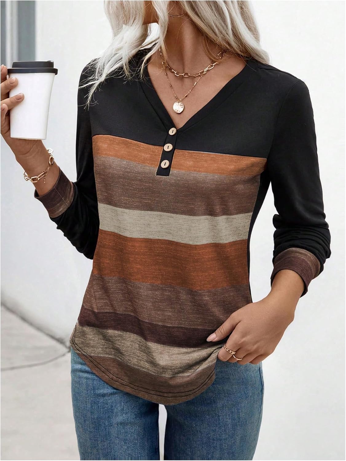 Women's Color Block Button Front Tops Fall V Neck Long Sleeve Dressy Casual Henley Shirts - Image 3