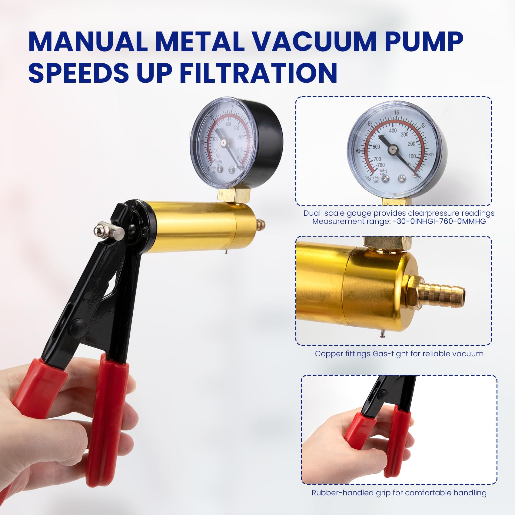 Kit de Filtrado al Vacío Buchner Funnel 1000 mL, Bomba de Vacío Manual, Embudo Buchner de 80 mm, 100 papeles de filtro, manguera de goma y tapones para el Laboratorio | 1000 ml de pistón de filtro, bomba de vacío manual, embudo Buchner de 80 mm, 100 papel