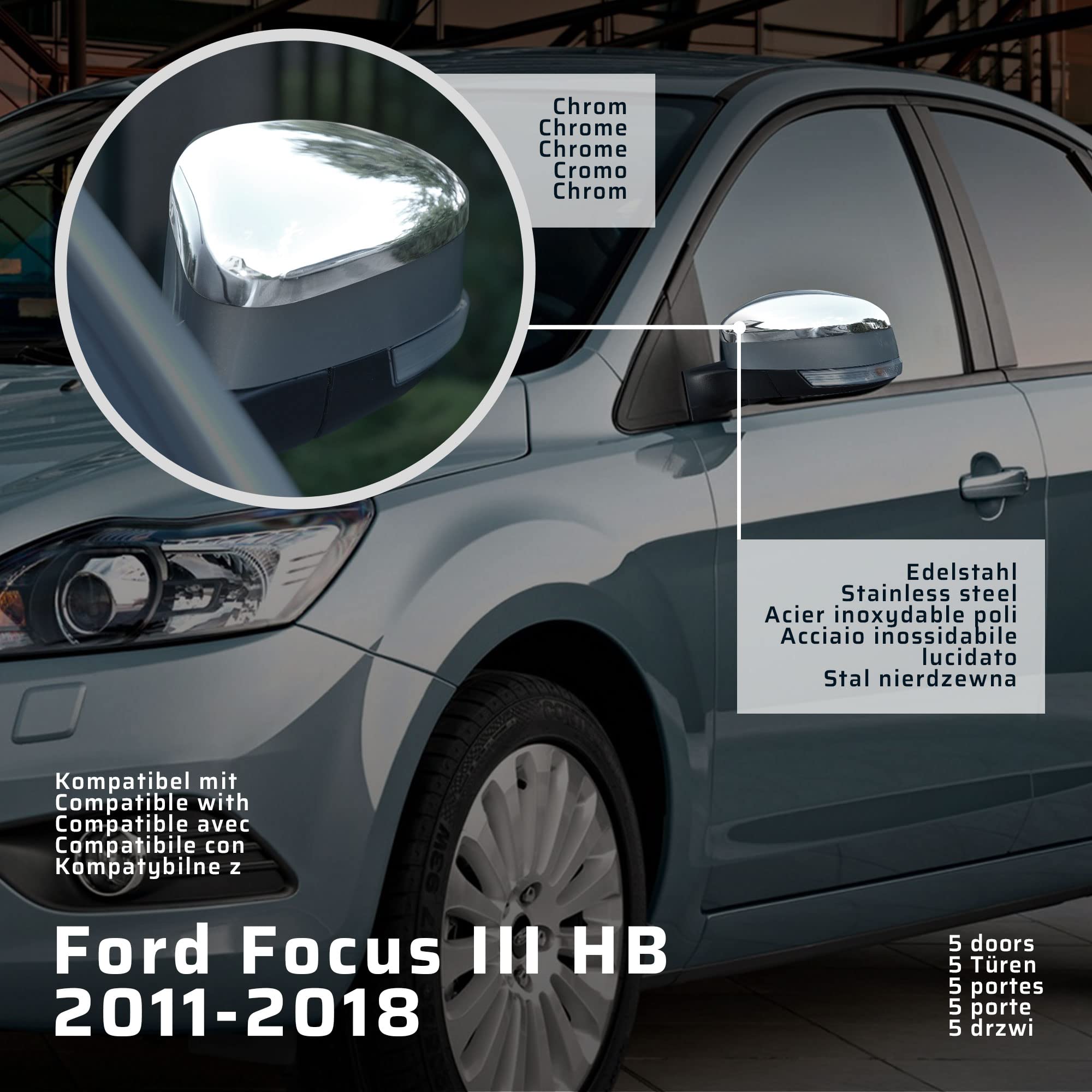 CHROMEMASTER | Nakładki na Lusterka Zewnętrzne | Kompatybilne z Ford Focus III Hatchback, 5 Drzwi 2011-2018 | Inox Polerowany; Osłony Lusterek to Niepowtarzalny Wygląd Auta i Ochrona Przed Uszkodzeniem