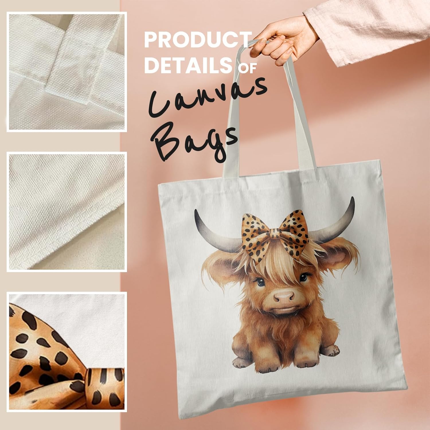 Western Highland Cow Canvas Tote Bag - Highland Cow Lover Gifts,Canvas Shoulder Bag for Women for Girls - Image 5
