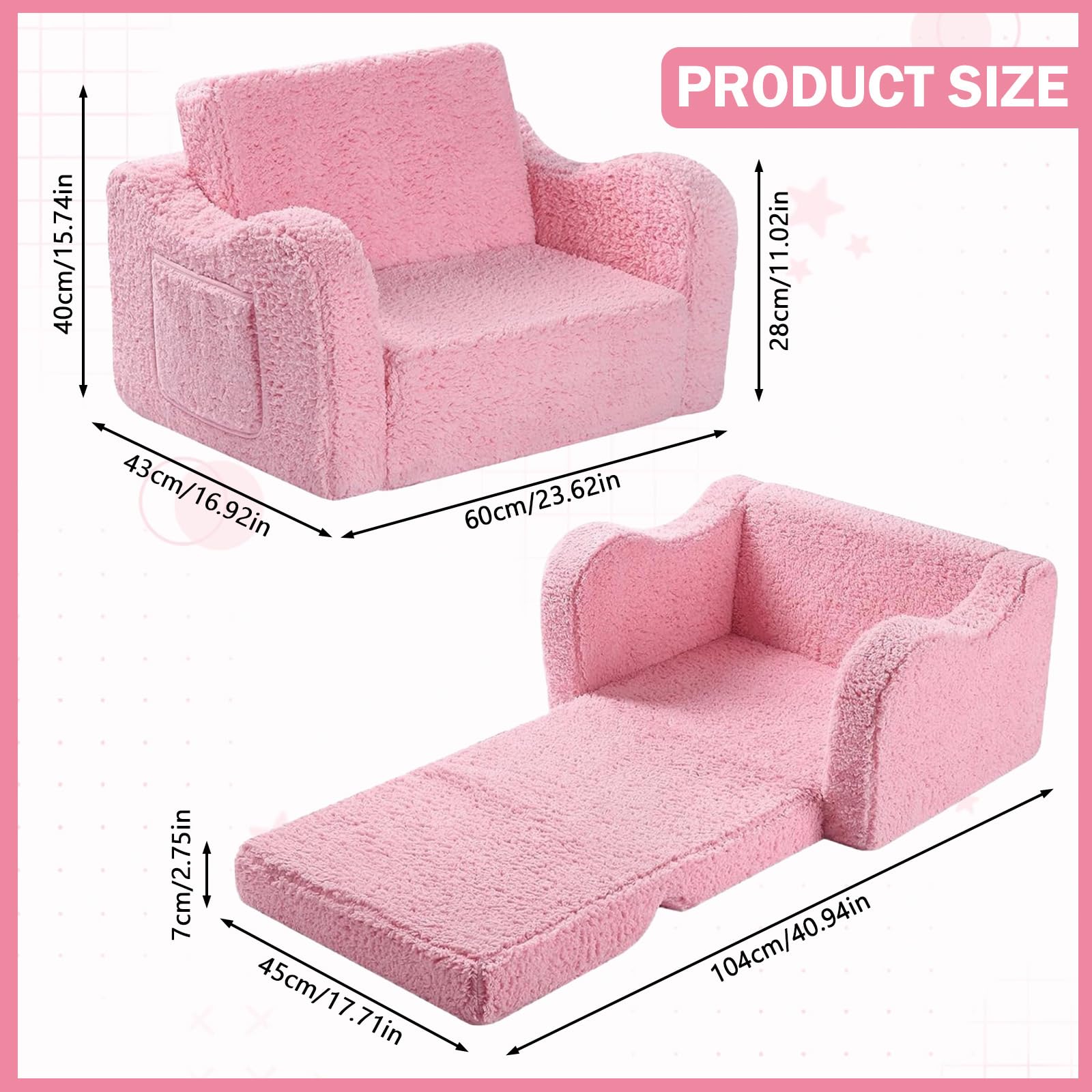 MeYuxg 3 en 1 Sofa Infantil, Sillon Bebe para Niños y Niñas, Sillón Convertible y Cama Plegable, Mini Sofá, Regalo del Niño y Cumpleaños, Rosa