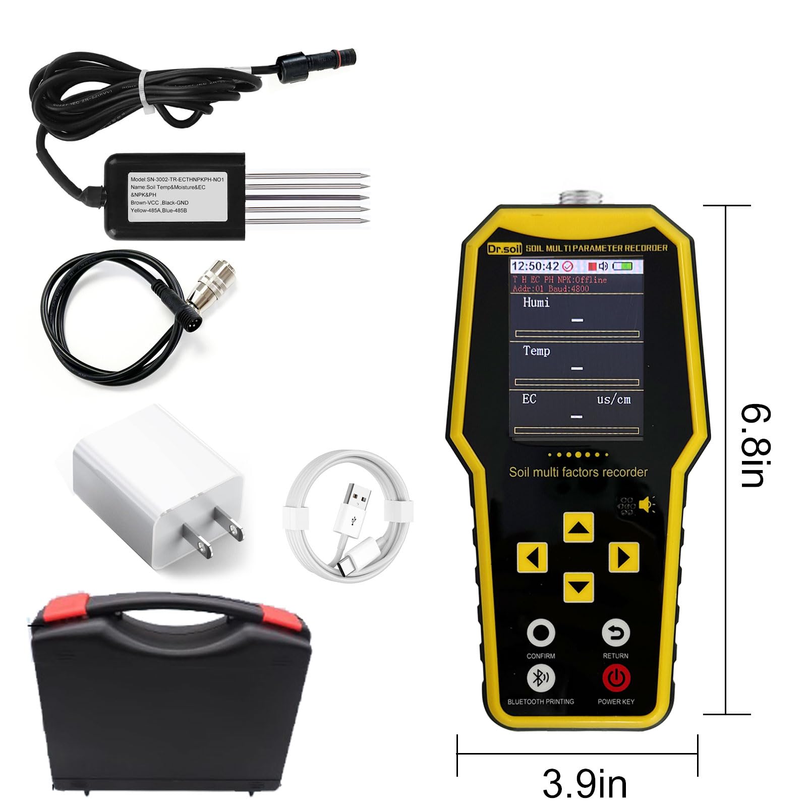 Probador de suelo 7 en 1, probador de nitrógeno fósforo y potasio NPK, kit de medidor de pH del suelo de mano, temperatura, conductividad, humedad, medidor CE para petroquímica, agricultura, amarillo