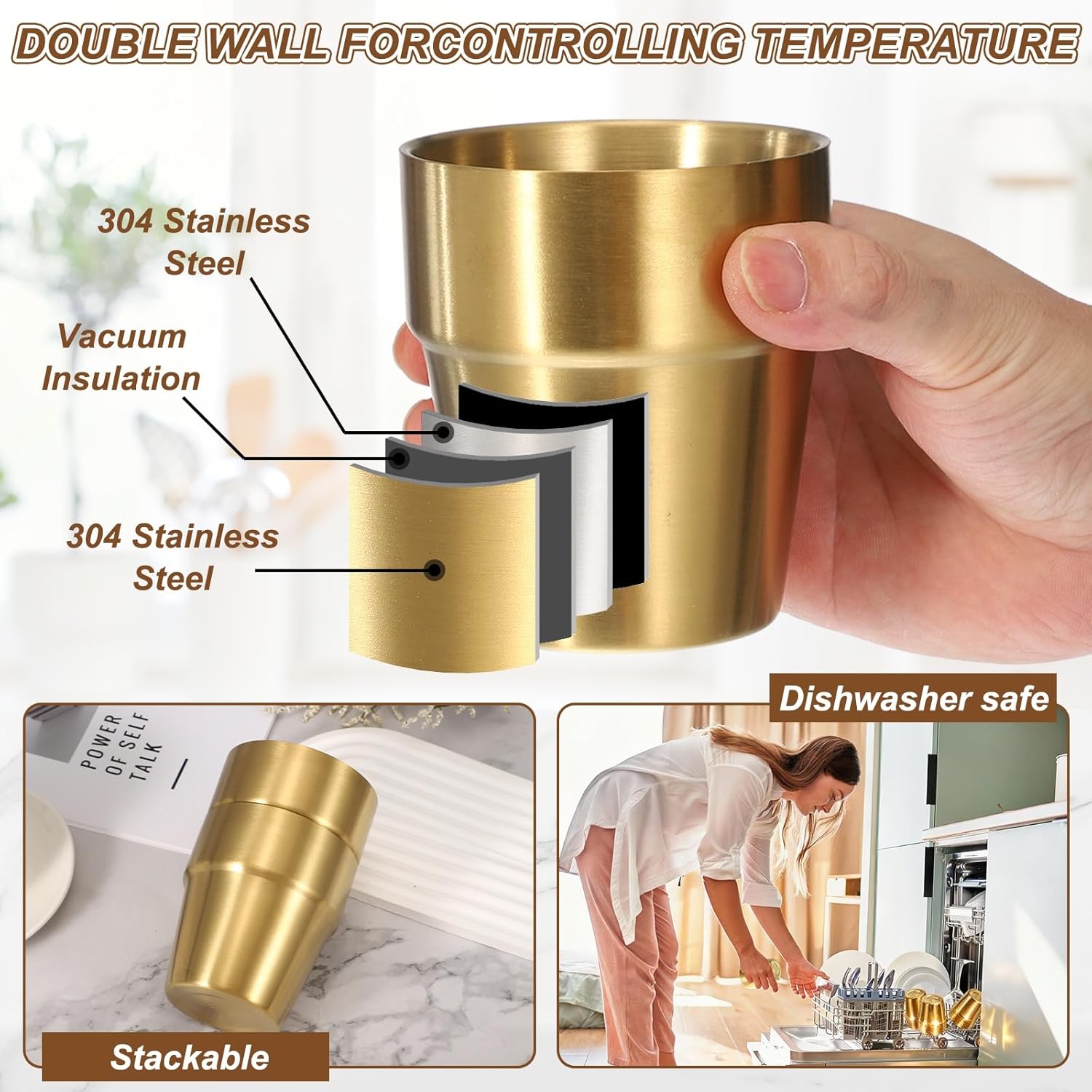 uxcell 2 Pcs Stainless Steel Cups, 10oz/300ml Metal Cups Tiered Structure Insulated Portable Stackable Drinking Tumblers for Home Restaurant Outdoor Travel Camping, Gold - Image 7