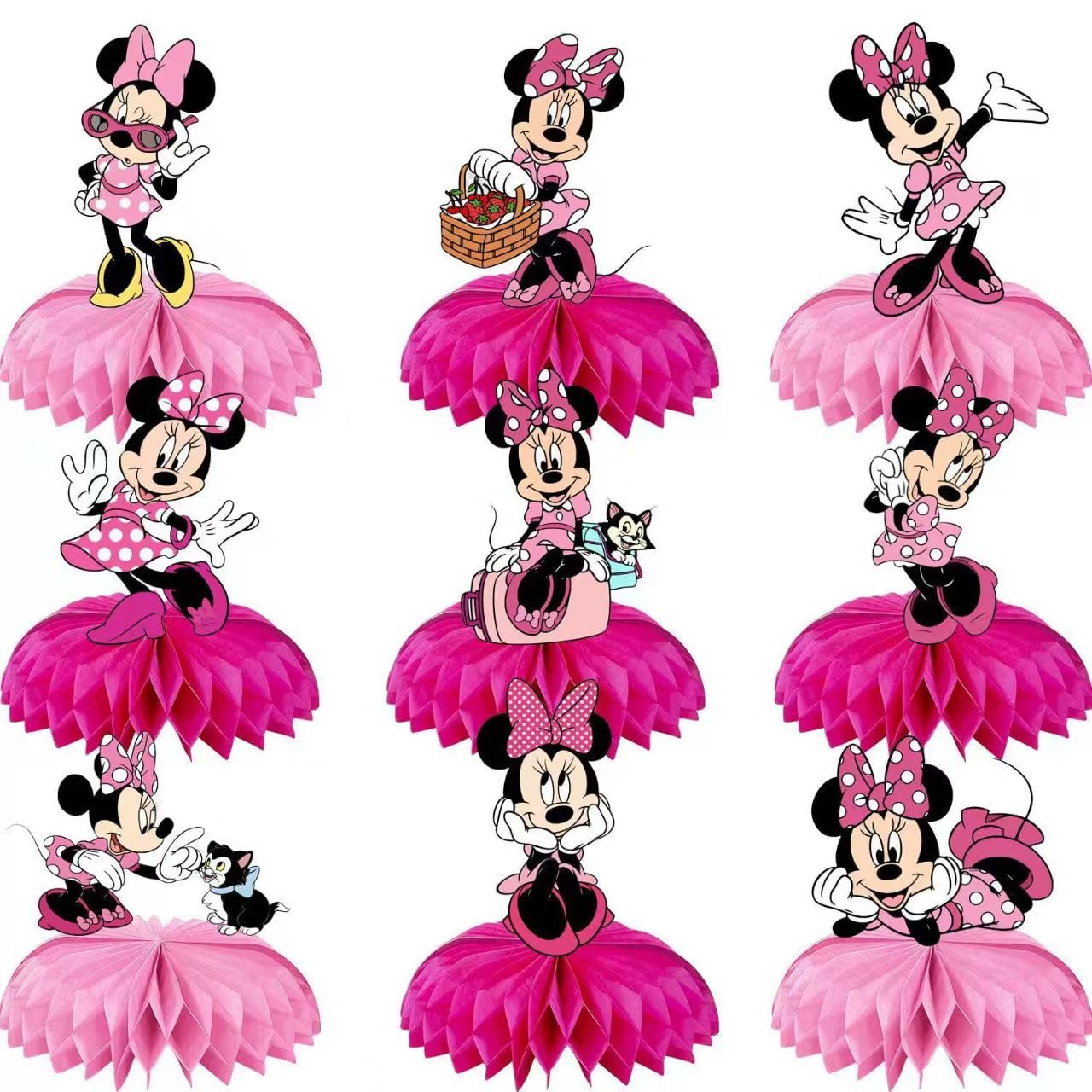 For Minnie Birthday Party Supplies, 9Pcs Honeycomb Centerpieces for Mouse Party Decorations, Double Sided Table Decorations Centerpieces Party