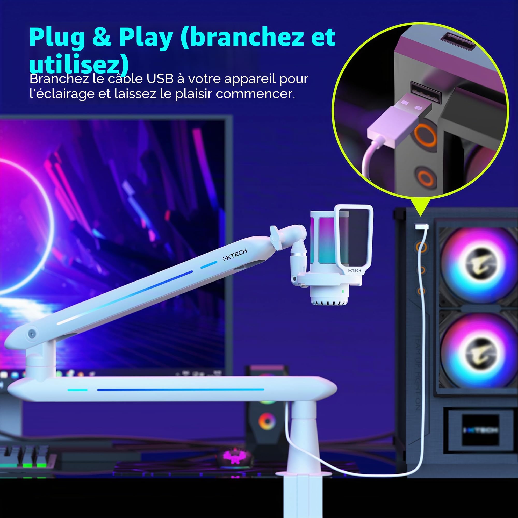 IXTECH Bras de microphone RVB à profil bas pour micro, support de microphone réglable avec pince de fixation de bureau, bras rotatif avec gestion des câbles pour podcast, streaming, studio de jeu