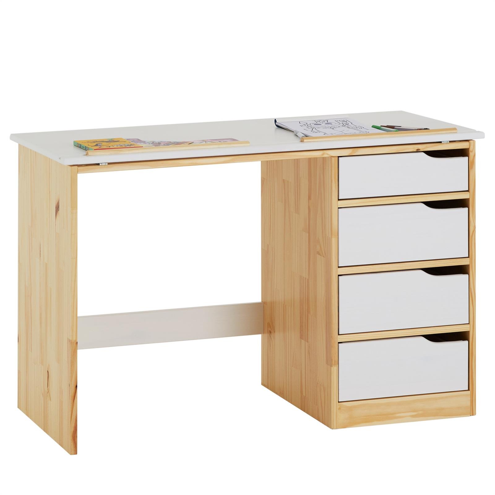 IDIMEX Bureau Enfant Emma Bureau avec Rangement 4 tiroirs et Plateau inclinable, Style scandinave, en pin Massif Naturel et Blanc