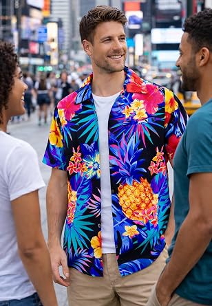King Kameha Men’s Hawaiian Shirt Short Sleeve – Aloha Summer Shirt with Pineapple Print, Lightweight and Easy Care