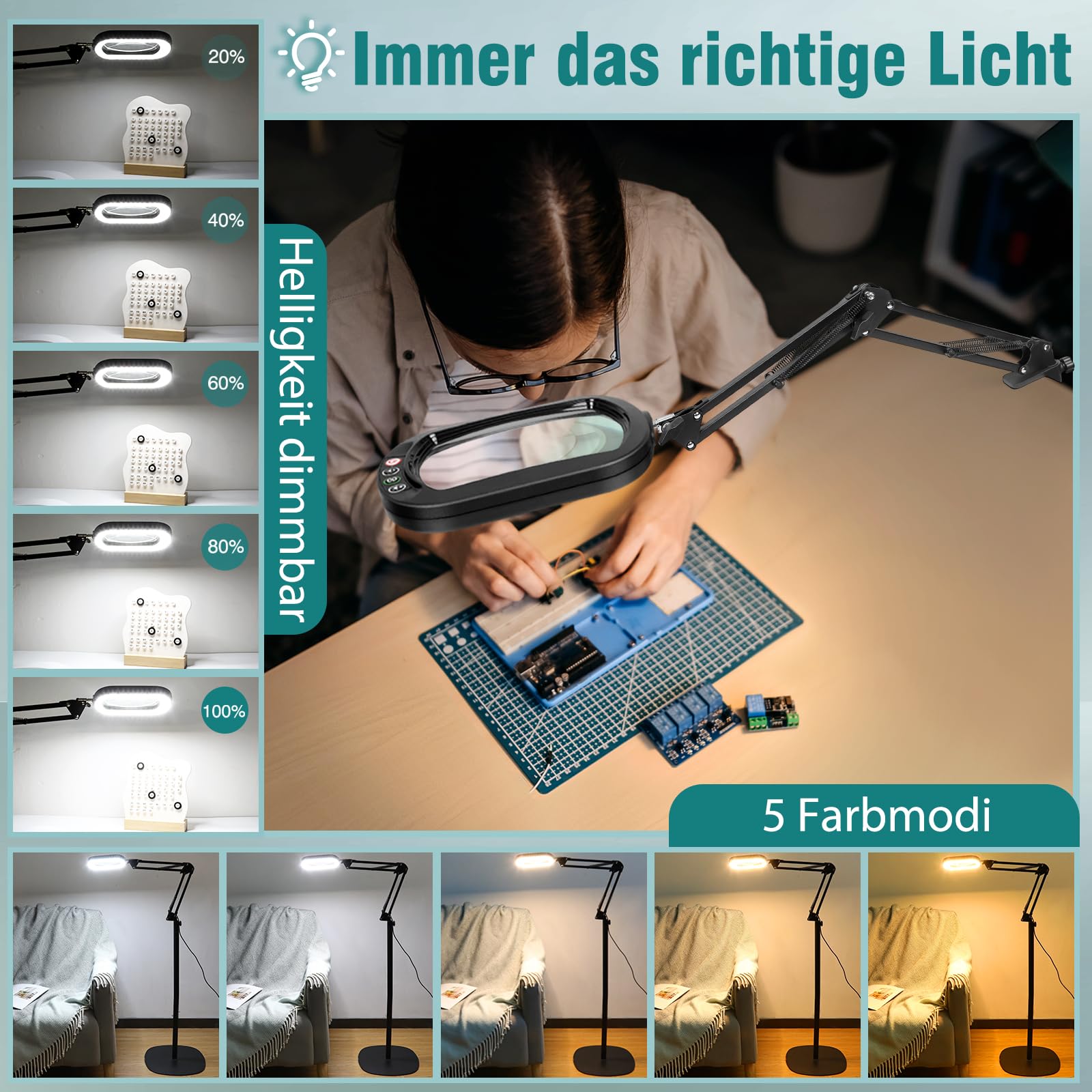 Lupa 10X con luz y soporte, lentes de cristal óptico, lámpara de pie con lupa 3 en 1, 5 modos de color, lámpara con lupa regulable, lupa de pie manos libres para pintar, coser y trabajos de precisión.