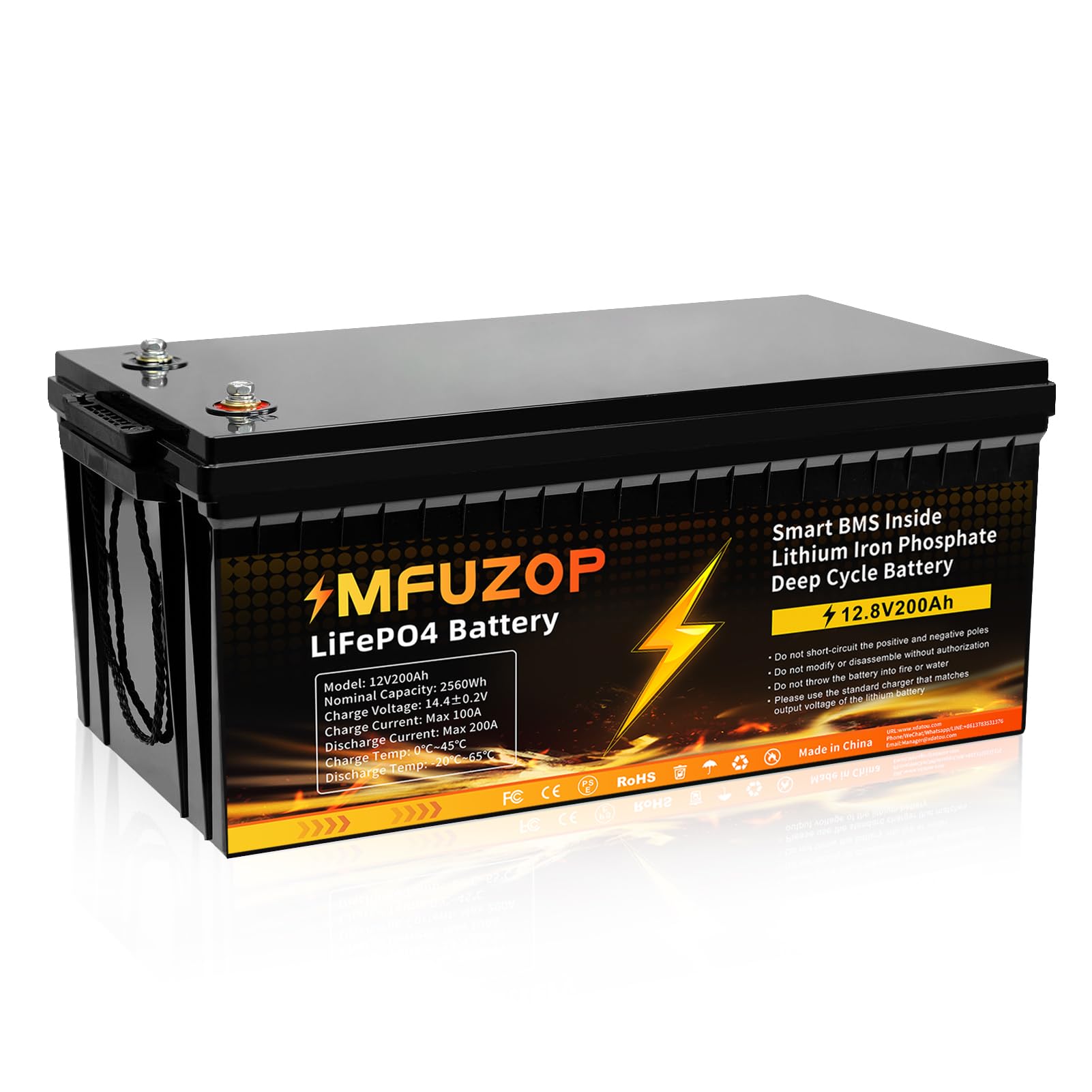 Batería Litio 12V 200Ah, BMS 200A Integrado, Potencia Máxima de Salida 2560W, 15000+Cycles, Soporte de Potencia en Conexión Serie/Paralelo, Solar, RV, Off-Grid(12V200AH*1Pcs)