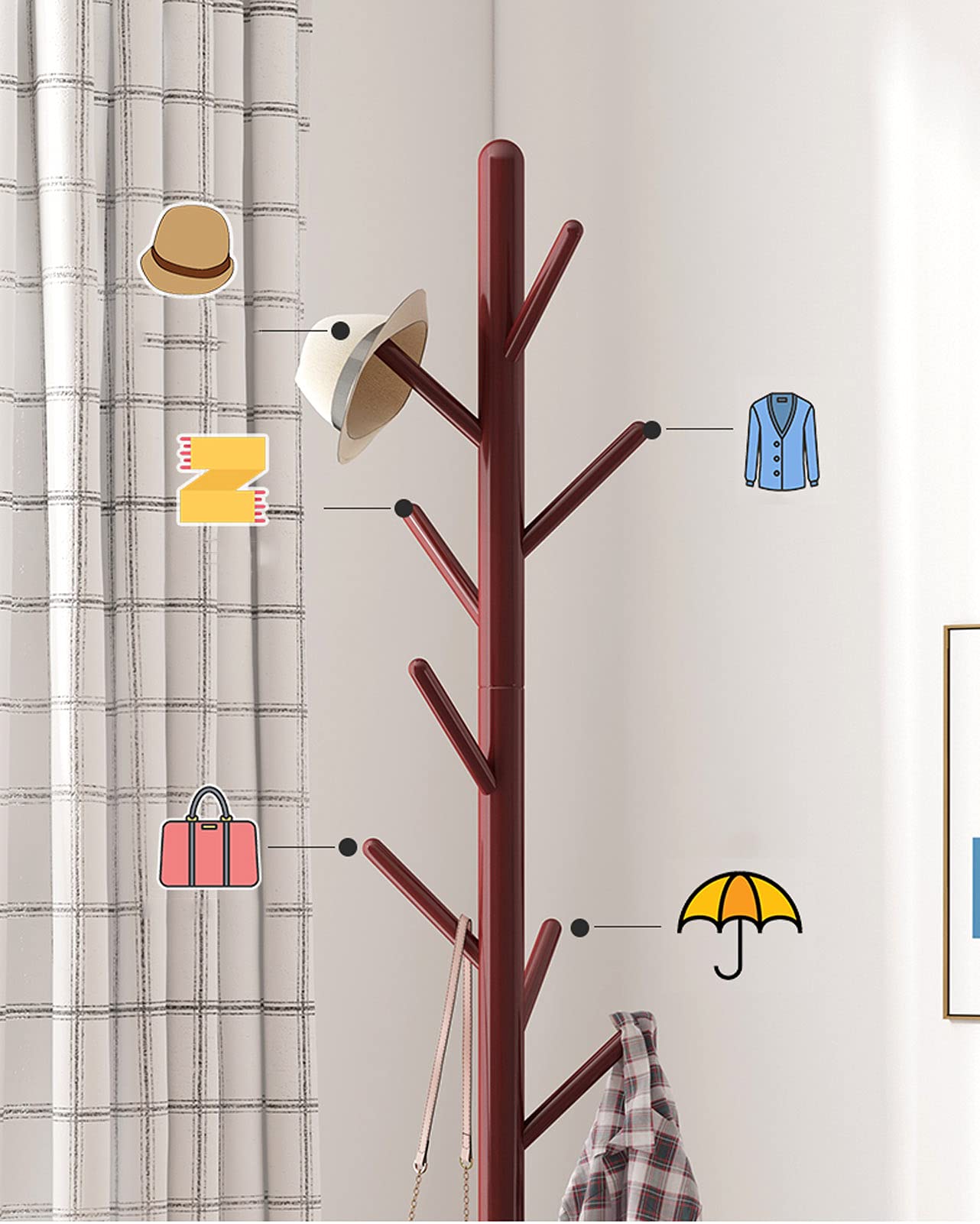 Perchero de Pie de Estilo Minimalista,Perchero de pie de Madera diseño de pie de pie con 8 Ganchos para Ropa Bolsos Bufandas pasillos y entradas,C