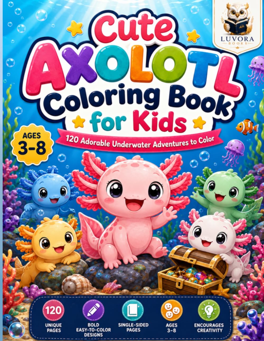 Cute Axolotl Coloring Book for Kids: 120 Adorable Underwater Adventures to Color