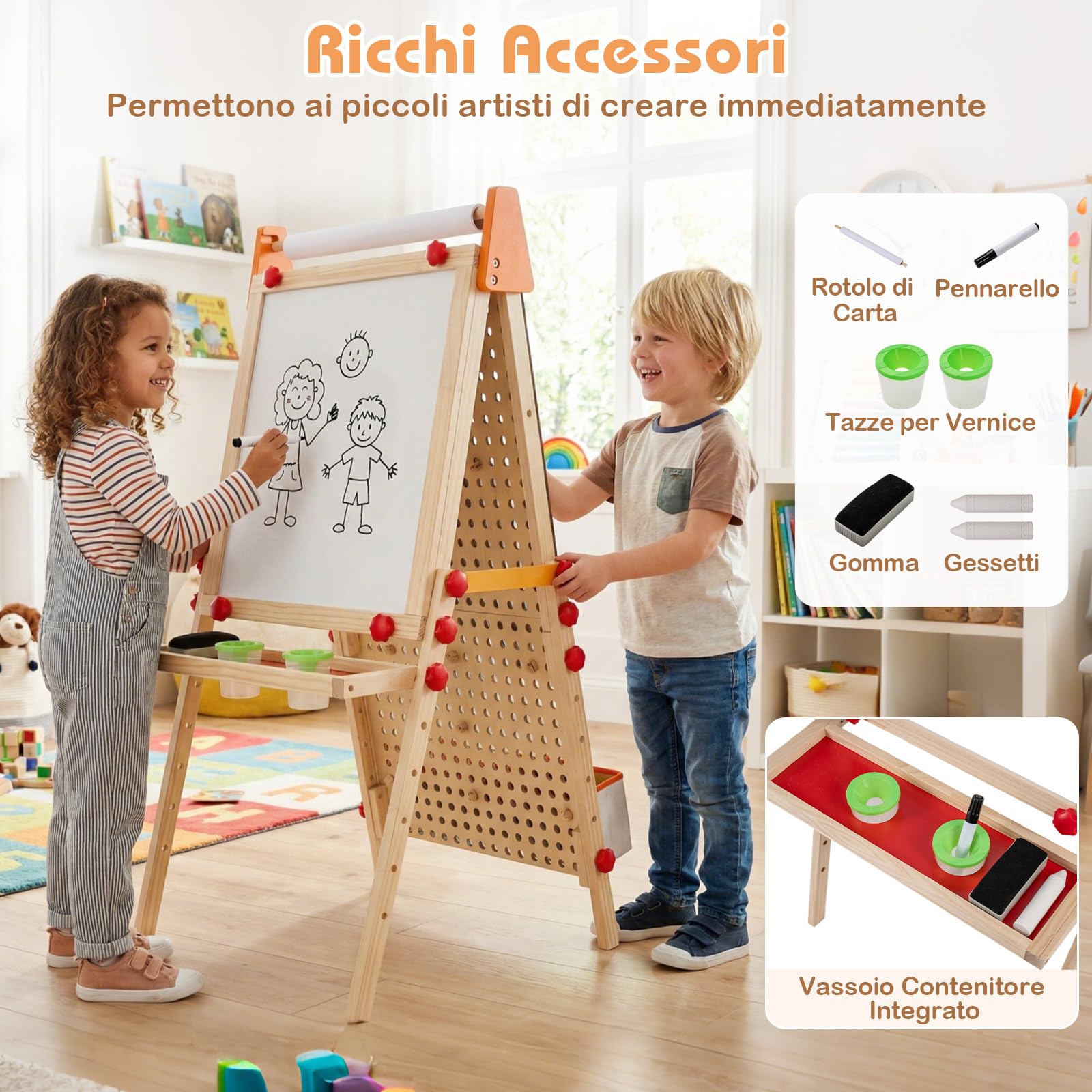COSTWAY Lavagna per Bambini, Cavalletto Pieghevole e Regolabile, Lavagna Magnetica Doppia Faccia con Rotolo di Carta, Vassoio Portaoggetti e Corsa per Biglie, per 3+ Anni