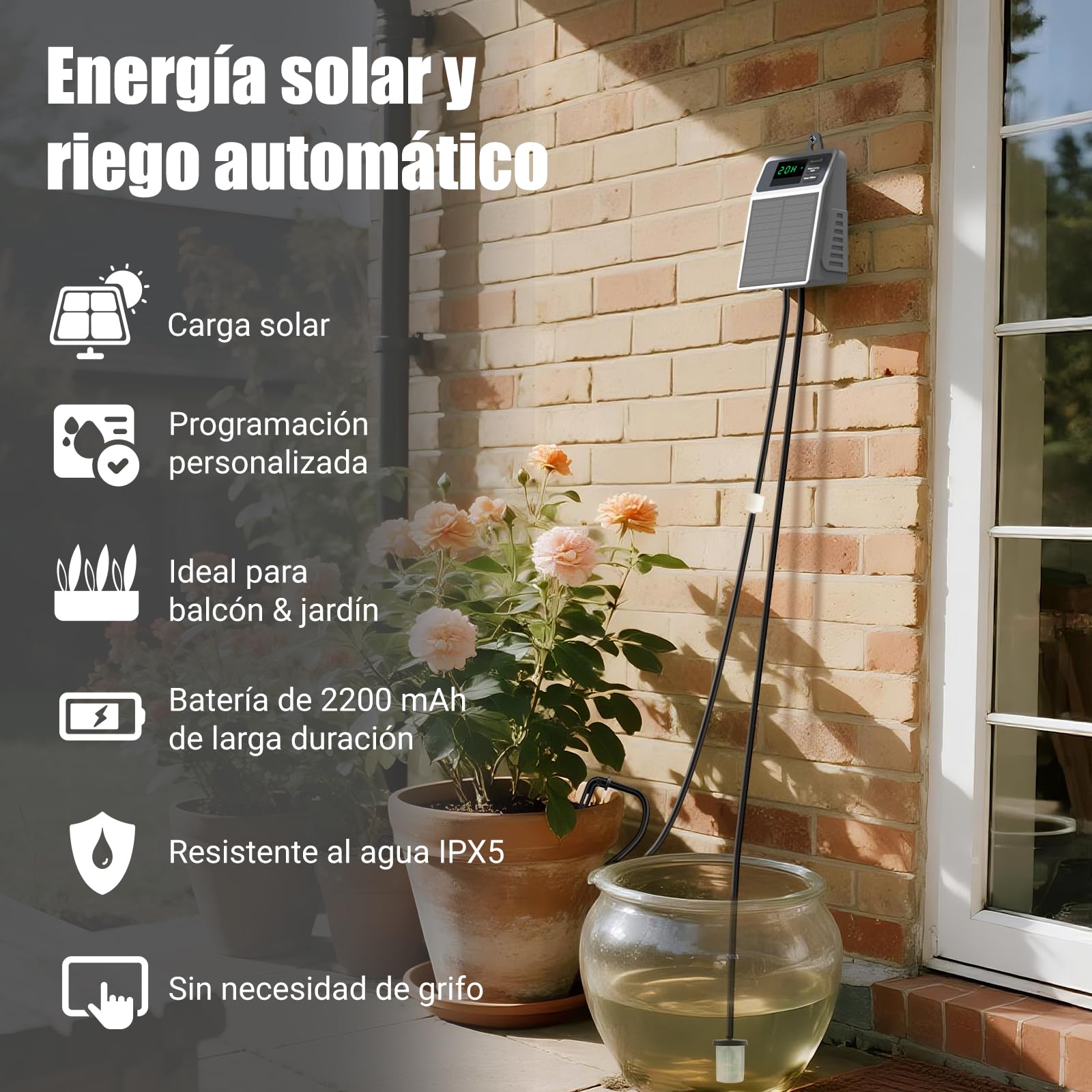 Uzoli SOP17 Sistema de riego solar para jardín con batería de 2200 mAh | Riego por goteo con tubo de 10 m, Riego automático para balcón, bancal elevado, invernadero y plantas en maceta, IPX5