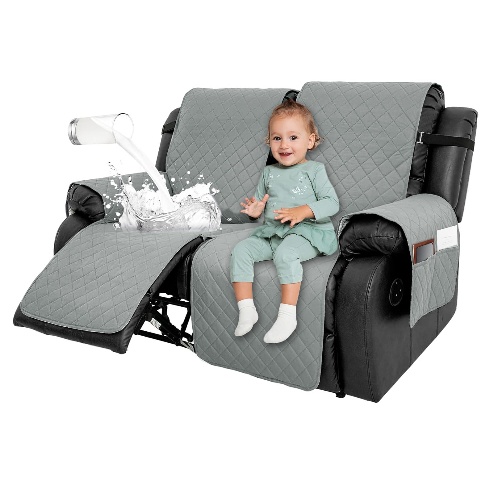 Fundas de sofá reclinable de 2 plazas con bolsillo, protector de muebles repelente al agua, antideslizante, funda de sofá suave y lavable para sillón reclinable con correas de ajuste ajustables (gris