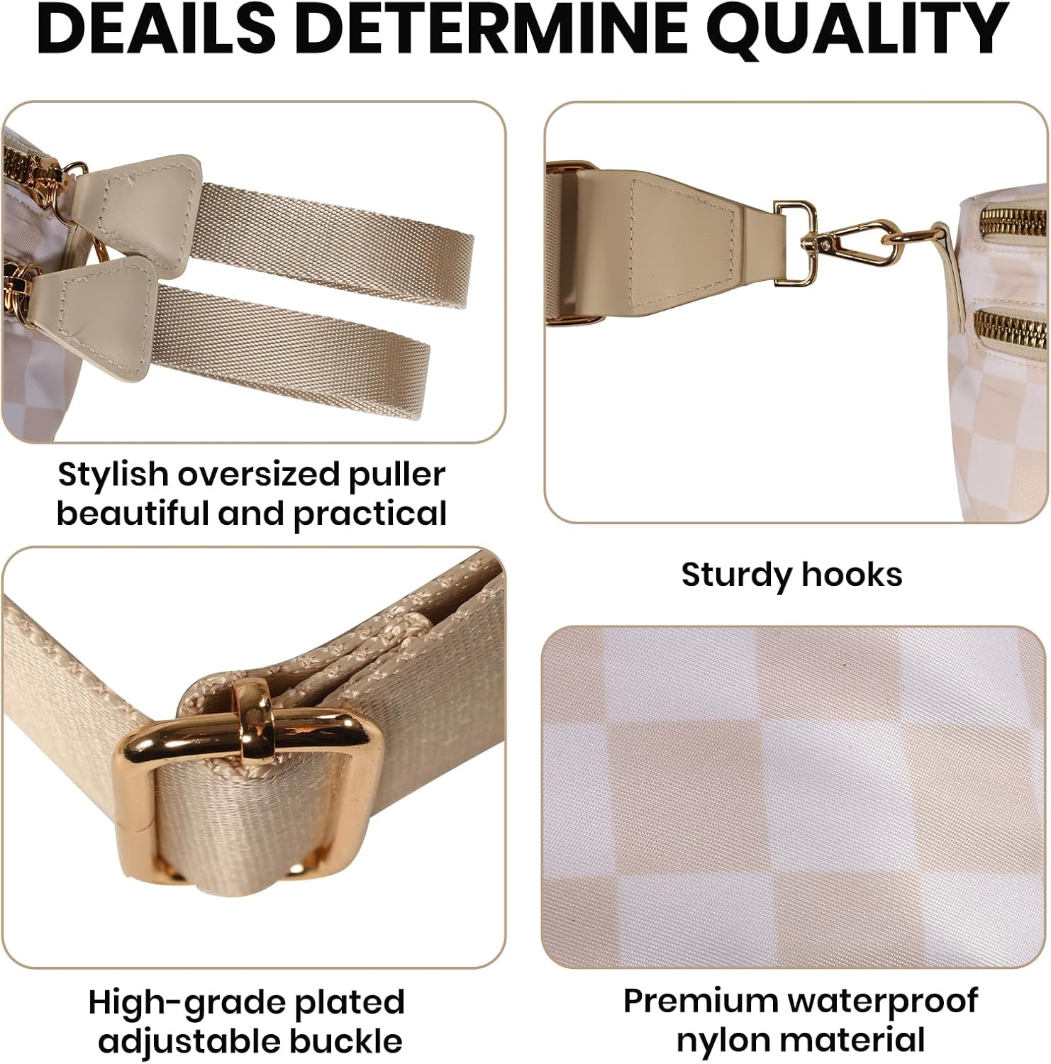 Checkered Crossbody Bag Bum Bags for Women, Spacious Nylon Fanny Packs Belt Wallet (beige checkered) - Image 6