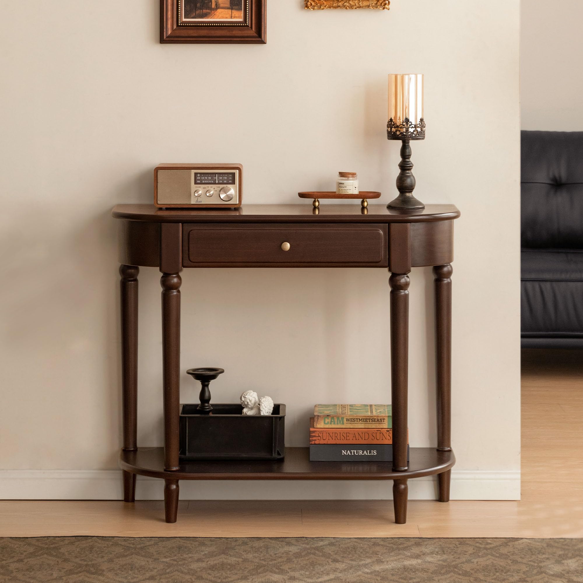 YESWOOD Solid Wood Console Table for Entryway, Vintage Entrance Table with Drawer and Open Shelf, Elegant Hallway Console for Living Room Foyer, Solid Wood Entryway Furniture(Poplar, Walnut Finish)