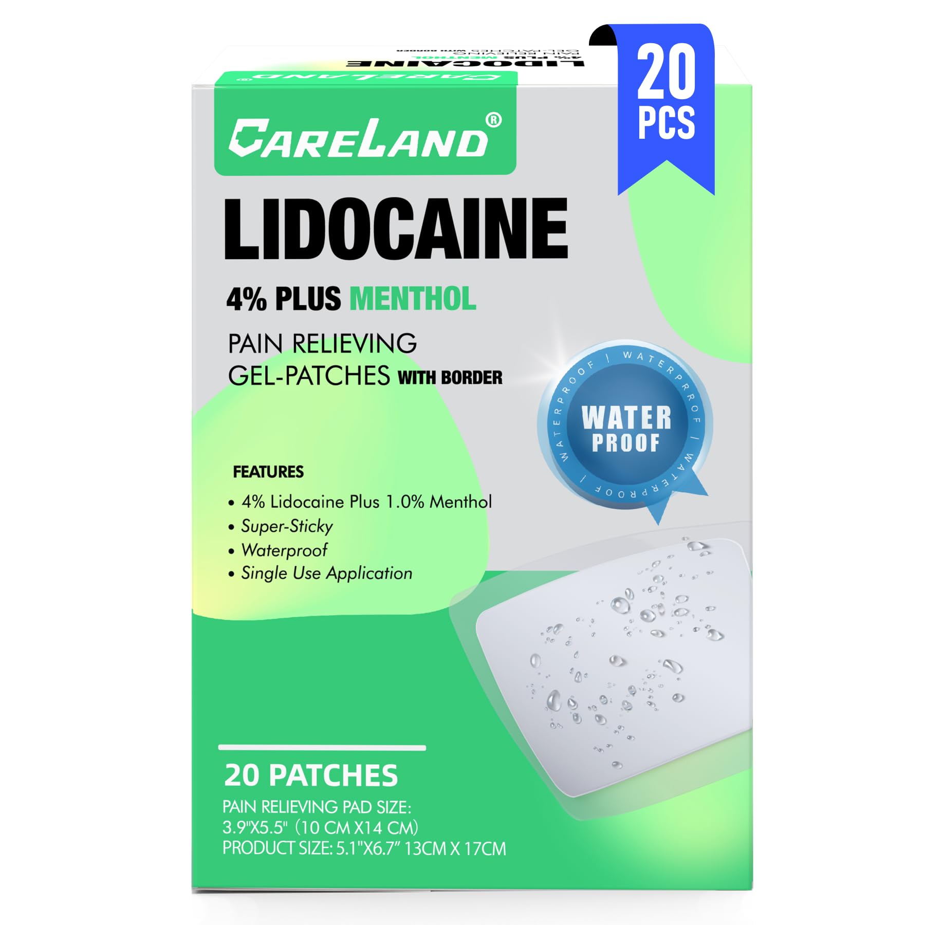 CARELAND 4% Lidocaine Patches Plus 1% Menthol, 20 Pcs Waterproof Maximum Strength Back Pain Relief Products Patches with Border, for Neck Knee Nerve Shoulder Pain Relief Muscle Relaxer, Super Sticky