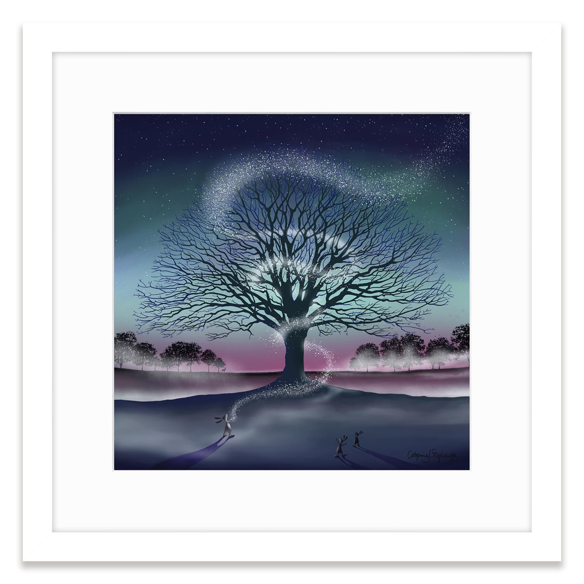 Artko Purple, Pink, Green, Blue, White Magical Tree & Bunny Rabbits Framed Print Wall Art - 'New Hope' By Catherine Stephenson - Magic Animal Themed Artwork - Ready To Hang Home Décor - 43.5Cm X 43.5Cm