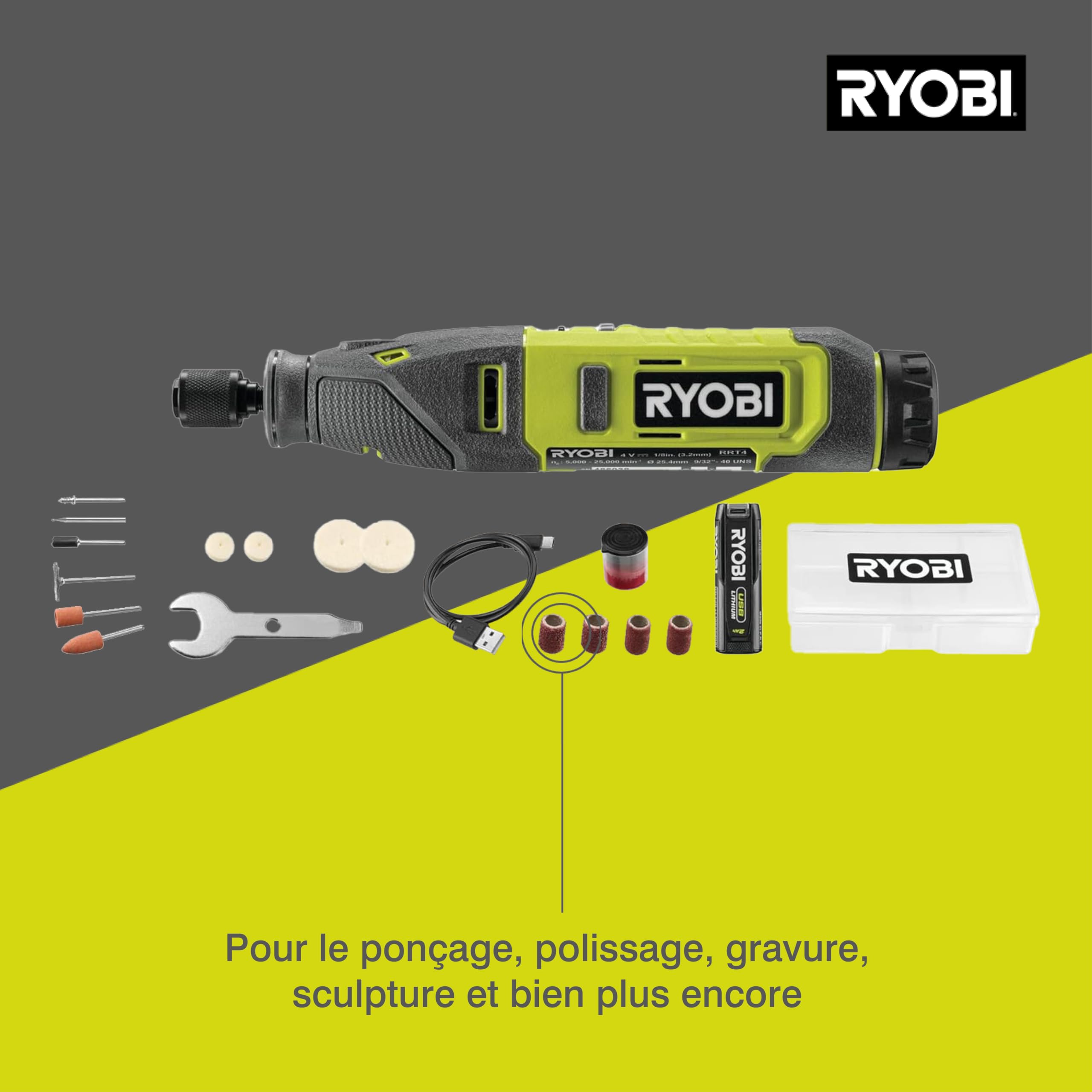 RYOBI - Mini-Outil Rotatif - 4V USB Lithium RRT4-120GA15 – 15 Accessoires Inclus, Vitesse Variable, Compact et Précis – Gravure, Ponçage, Découpe – Coffret avec Rangement