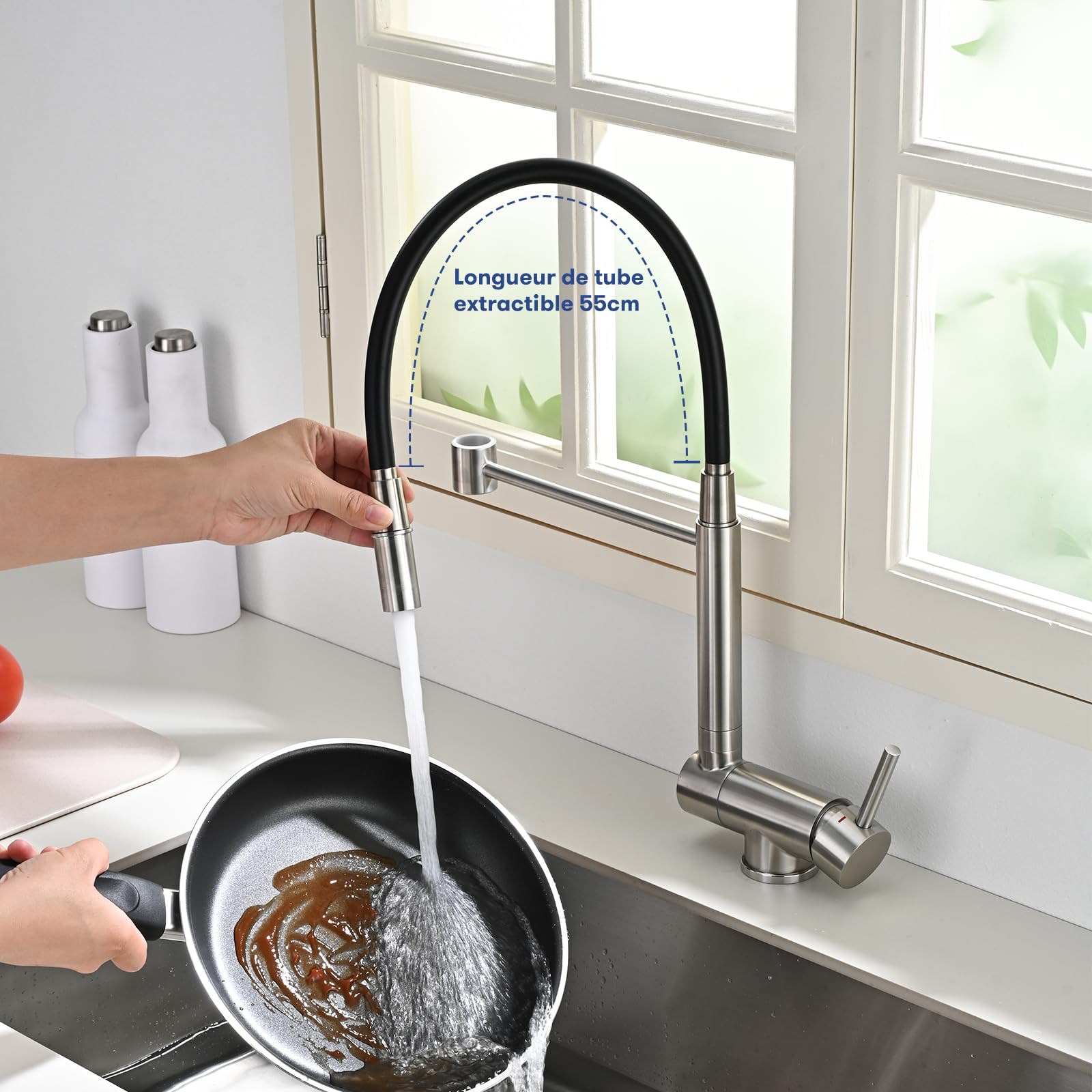 Robinet Cuisine Rabattable, Mitigeur Cuisine sous Fenêtre Pliable, Mitigeur Evier Cuisine Rotatif à 360°, Acier Inoxydable 304 Brossé (Argent)