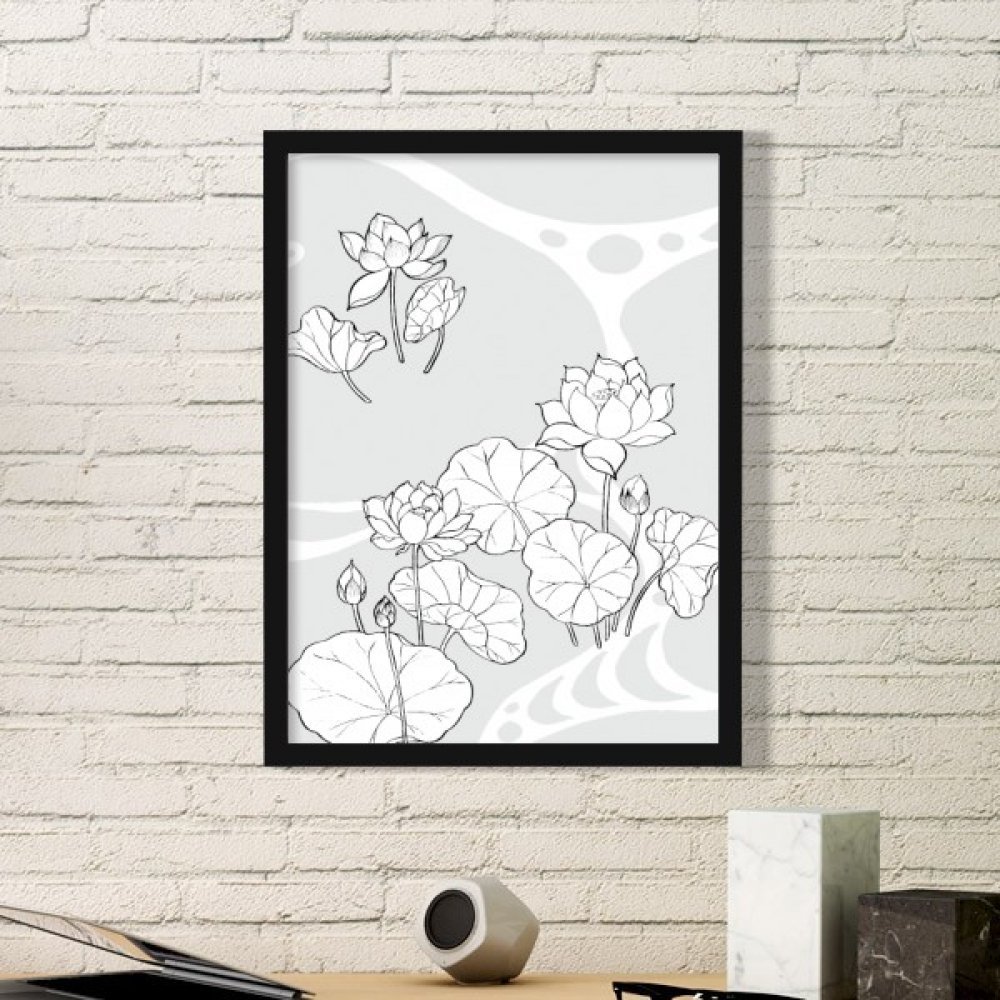 Cadre photo bois noir peinture fleur de lotus décoration murale rectangle