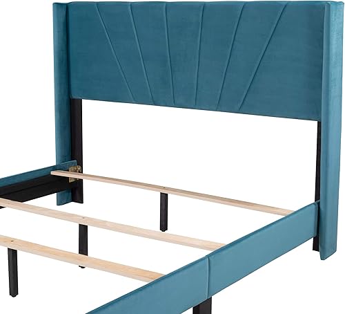 Miniatura 6 de Merax Marco de cama tapizado, base de colchón, soporte de listones de madera, necesita somier, fácil montaje, azul, tamaño Queen