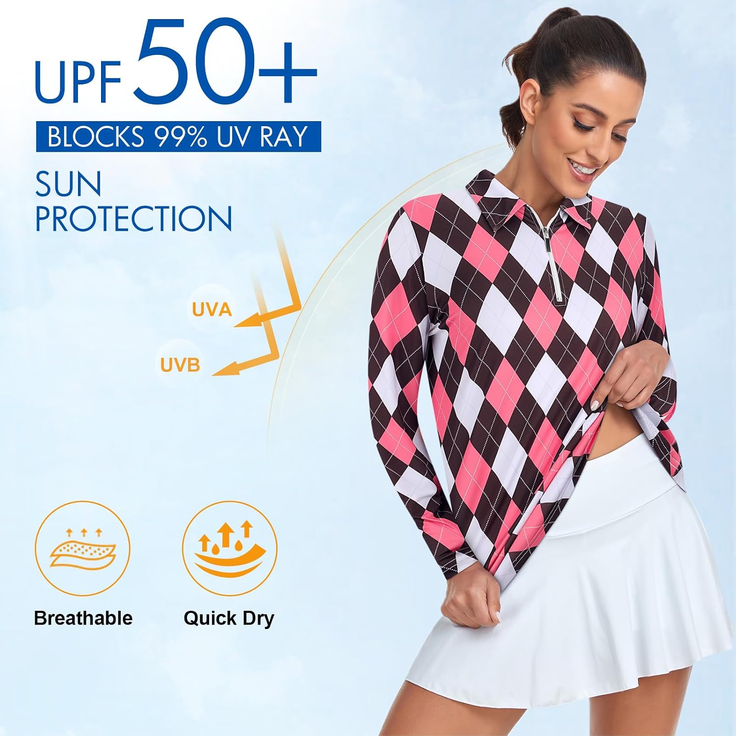 Tanst Sky Women's Golf Shirt UPF 50+ Long Sleeve Quarter Zip Pullover Athletic Hiking Workout Tops