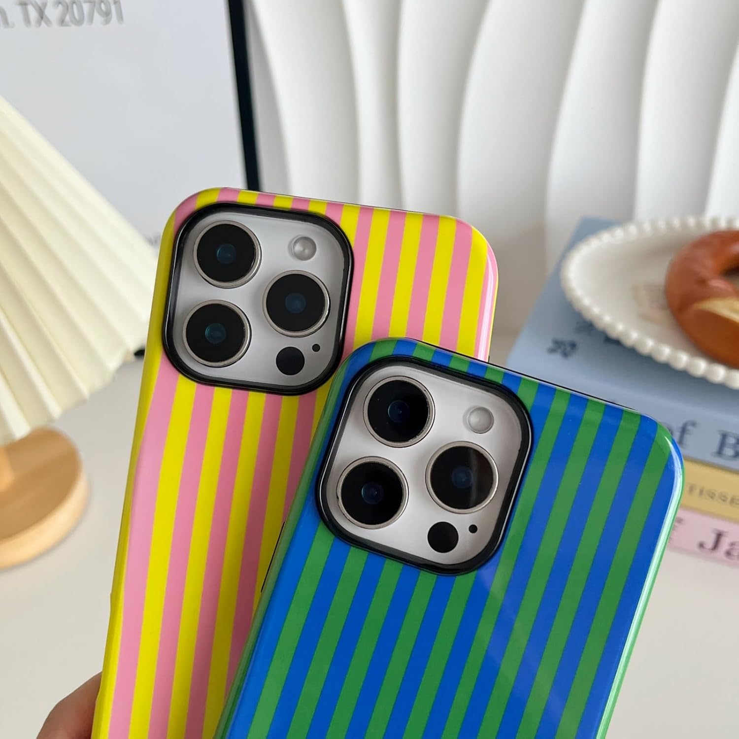 Compatible with iPhone 16 Pro Max Case Cute Aesthetic Striped Phone Case for Women Girl Shockproof Slim TPU and Hard PC Protective Cover (Green and Blue) - Image 4