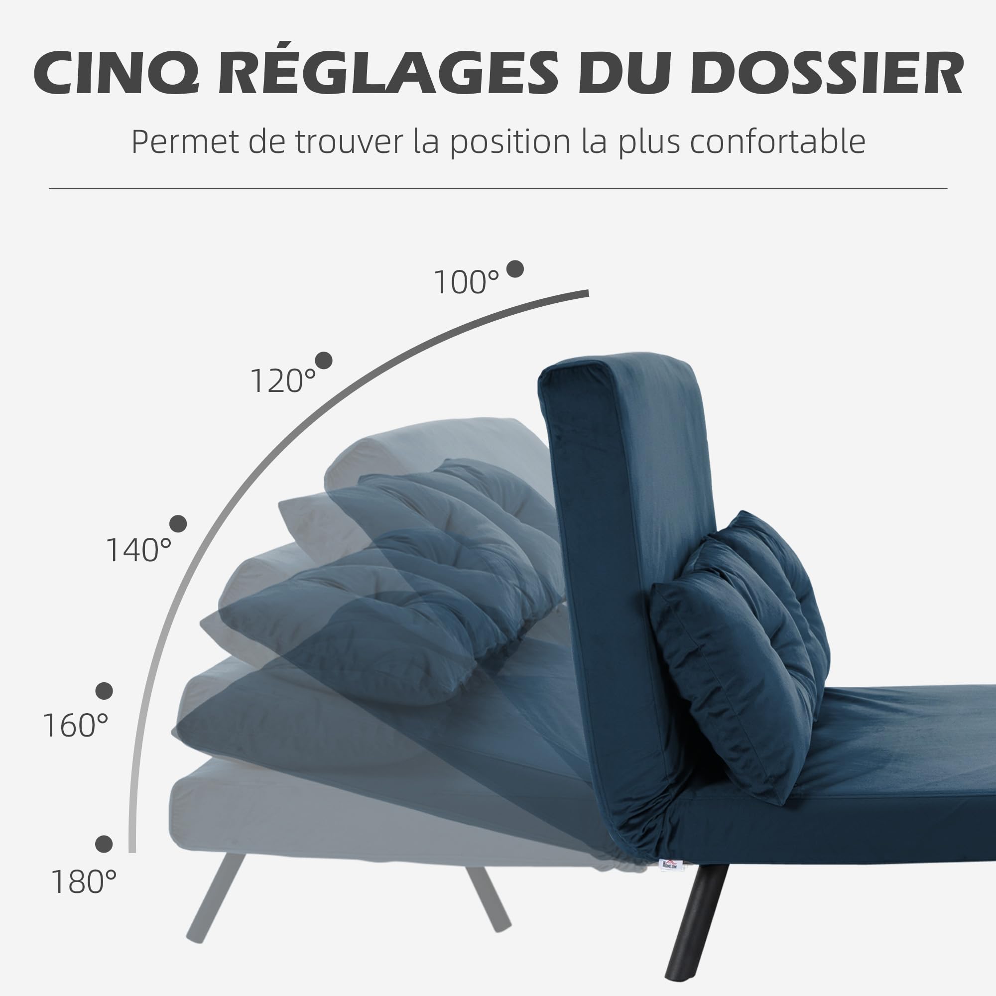HOMCOM Canapé Convertible 2 Places 4 en 1, canapé-lit avec Dossier réglable sur 5 Niveaux, 2 Coussins et siège rembourré, Tissu Effet Velours, pour Salon, Chambre d'amis, Petit Espace, Bleu