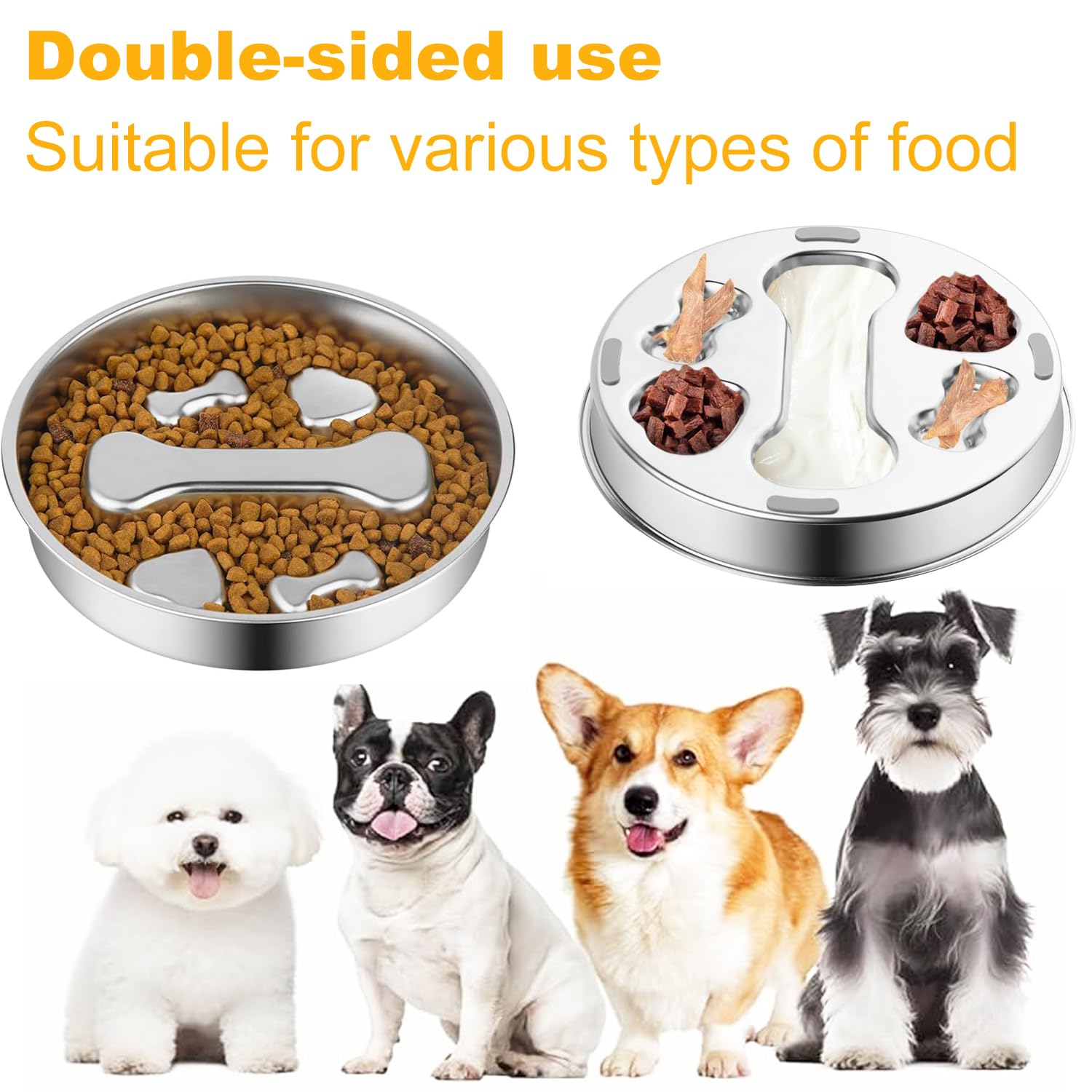 Stainless Steel Slow Feeder Dog Bowls,2 Pcs Slow Food Bowl for Dog & Cat - 2 Cups Capacity,Bone-Shaped Design Pet Food Holder,Metal Non-Slip Lick Plate,Puzzle Maze Dish for Small & Medium Sized Breeds - image 3