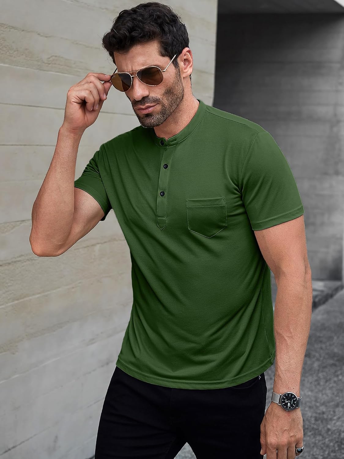 Comdecevis Mens Henley Shirts Short Sleeve Fashion Casual T-Shirts Soild Basic Button Tee Tops with Pocket - Image 4