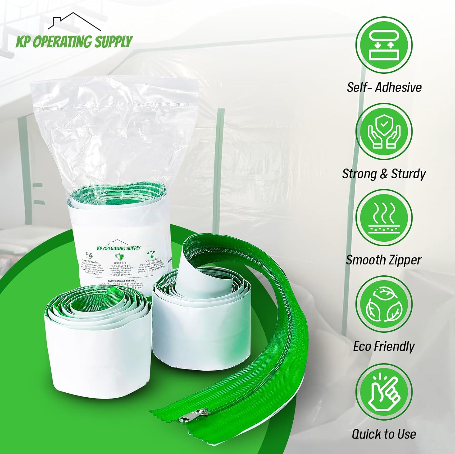 Peel and Stick Zipper 12 Pack - Heavy Duty - Dust Barriers, Construction, Containment by KP Operating Supply 7ft x 3in - Green