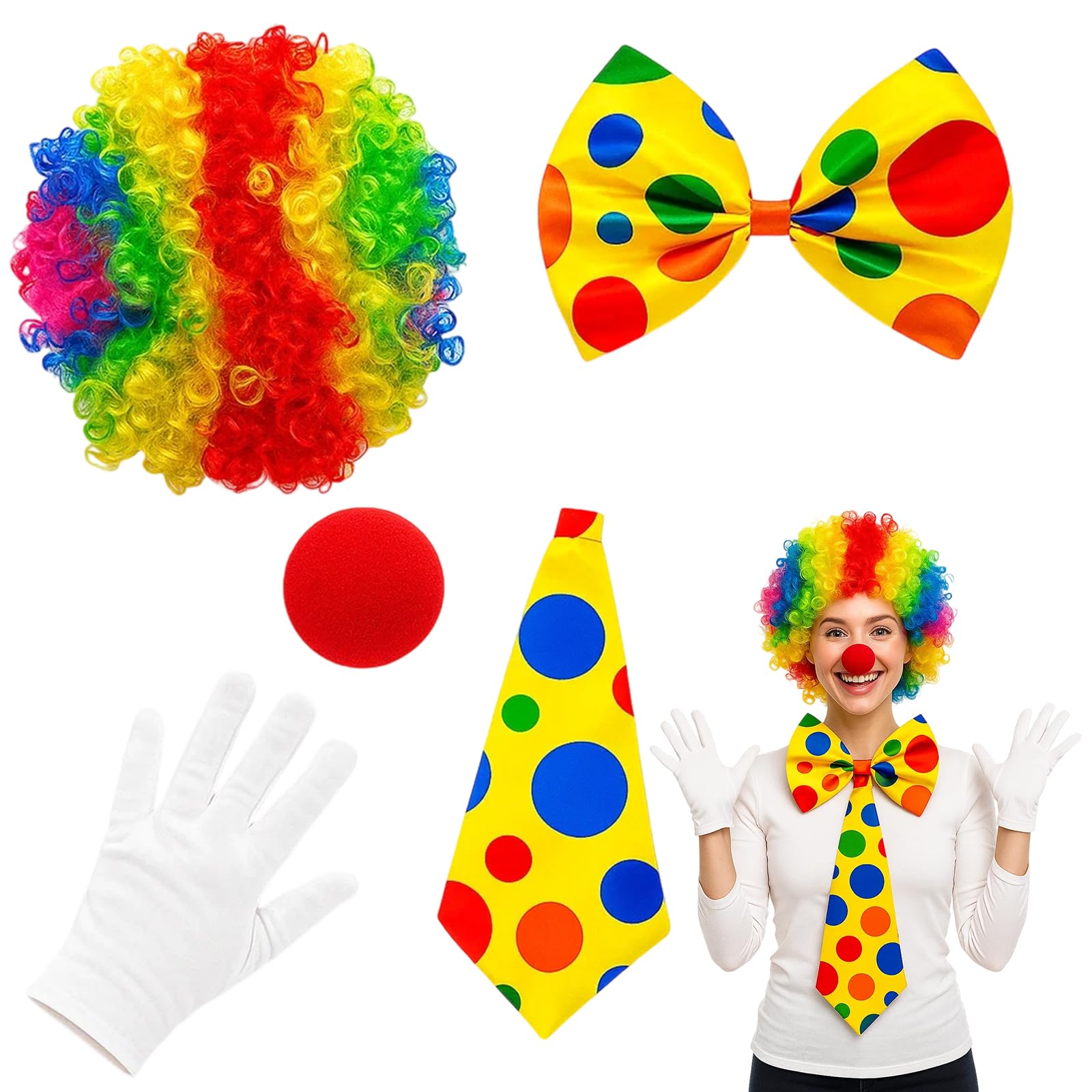 YFHUVB 5pcs Clown Wig Set, Clown Costume With Clown Wig, Nose, Gloves, Bow Tie And Necktie,Perfect For Halloween Parties, Carnival Circus Show, Cosplay Events