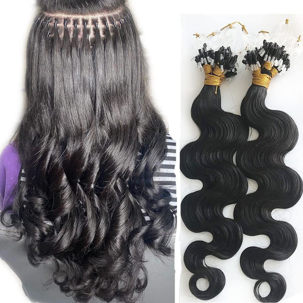 YiXing Body Wave Micro Loop Hair Extensions 200G Microlink Human Hair Extensions for Black Women, 200 Strands, 1G/Strand, 14Inch Wavy Brazilian Hair