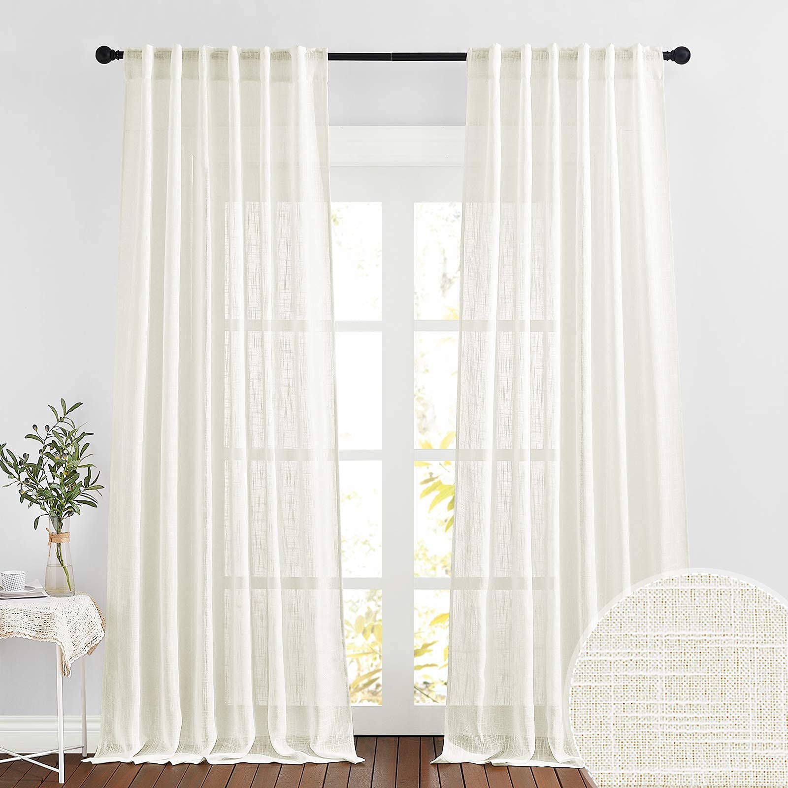 RYB HOME Linen Textured Curtains Semi Sheer Window Curtains Light Filtering Ariy Privacy Sheers for Bedroom Living Room Office Patio Door, Cream, 52 inch Wide x 108 inch Long, 2 Panels