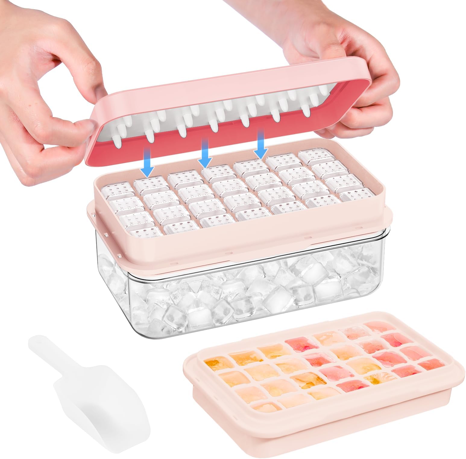 Ice Cube Tray with Lid and Bin, 28 pcs Ice Cubes Molds, Ice Trays for Freezer, Ice Cube Tray Mold, with 1 tray, Ice Freezer Container, Spill-Resistant Removable Lid & Ice Scoop, for Whiskey,Cocktail