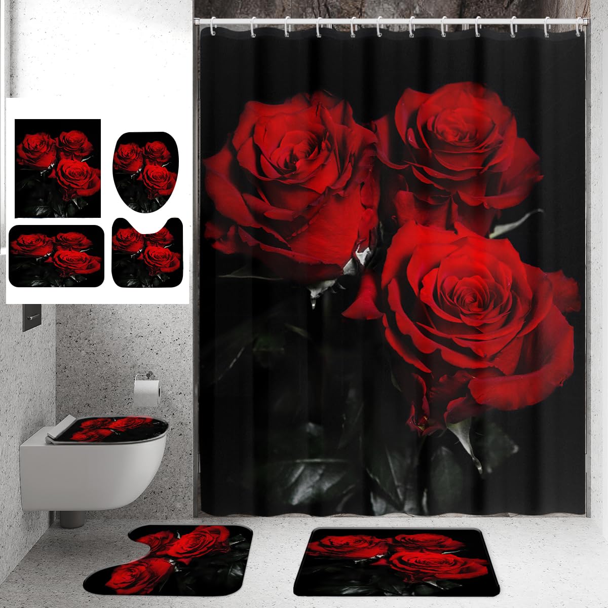 Red Roses Shower Curtain Set with Rugs Flower Floral Blossom Black Leaves for Women Girls Decorative Fabric 4 Pcs Toilet Lid Cover Non-Slip Rugs for Bathroom Decor Sets Bath U Shape Mat Accessories