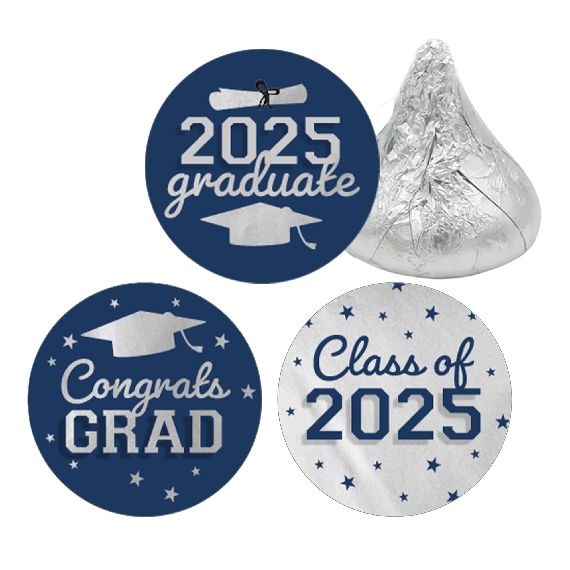 DISTINCTIVS Blue and Silver Graduation Party Stickers for Kisses Candy, Chocolate Drops, 2025 Grad Party Favors - 180 Count