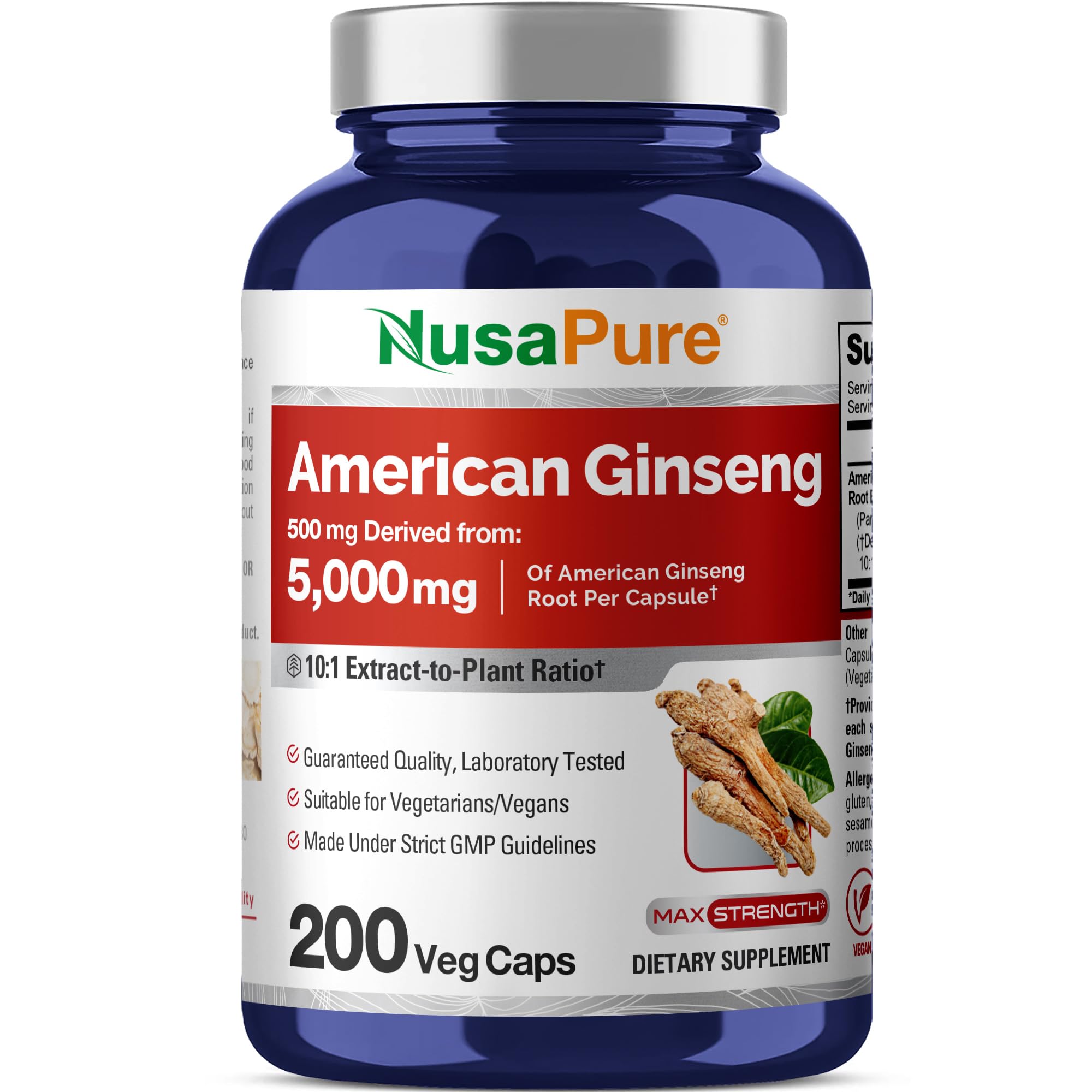 American Ginseng 10:1 Extract, 500 mg Equivalent to 5000mg - 200 Veggie Capsules (Vegetarian, Non-GMO, Vegan)