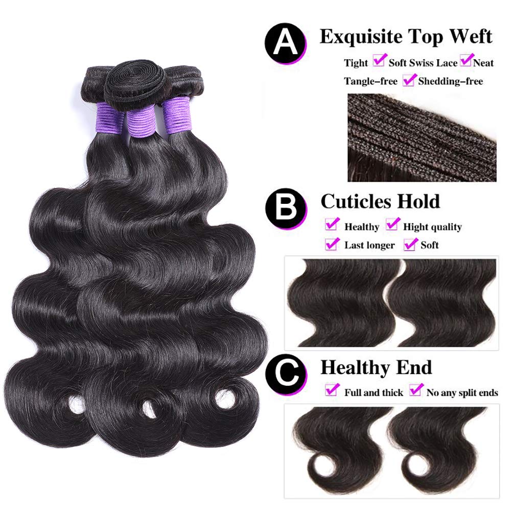 Brazilian Virgin Human Hair Bundles Body Wave Brazilian Hair Weave 3 Bundles Deal 10 12 14 inch Remy Human Hair Extensions Body Wave for Women 1B Color Body Wave Hair Wefts