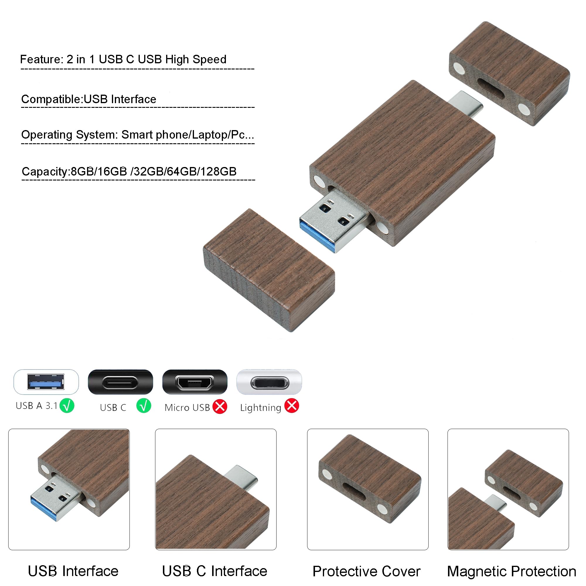 Confezione da 5 chiavette USB C da 8 GB, chiavetta USB 3.0 ad alta velocità, doppia OTG, in legno di noce, per TV, auto, smartphone, PC, laptop