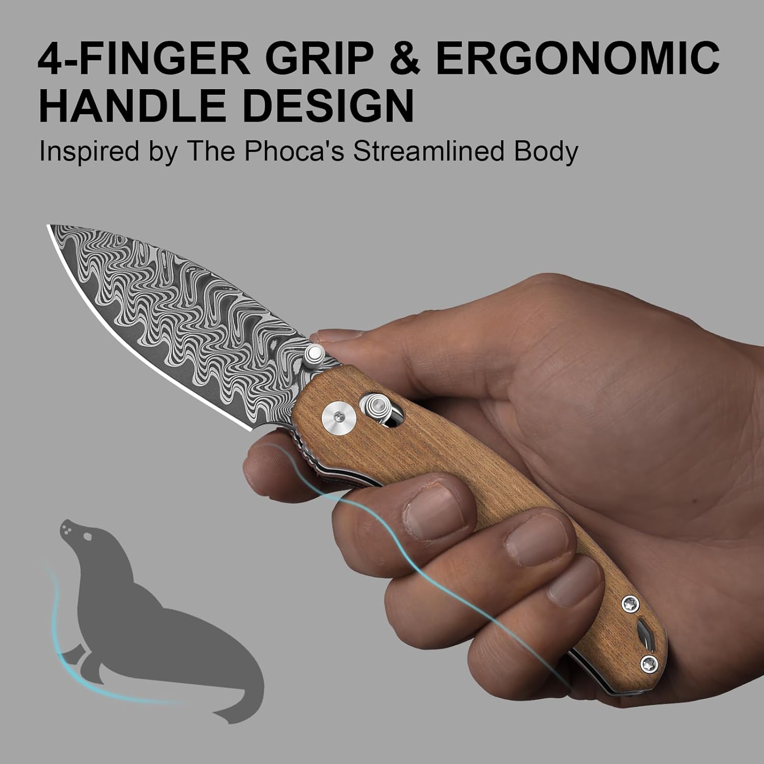 Kizer Phoca CD Pocket Knife, 2.95" Drop Point Damascus Blade Folding Knives with Brown Mkuruti Wood Handle, Thumb Stud EDC Knife for Men Women V3781CDA3