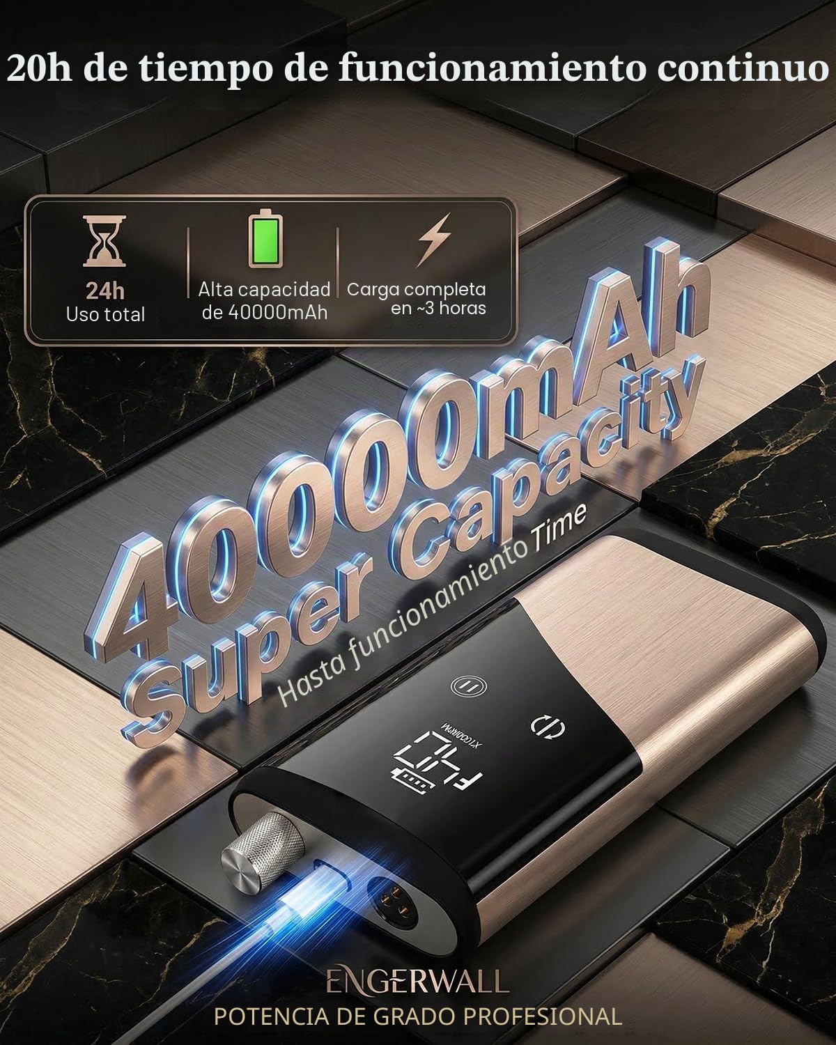 Torno para Uñas Profesional con Motor Brushless 40000 RPM, Autonomía 24H Lima Eléctrica Inalámbrica para Uñas Gel y Acrílico, Pantalla Táctil HD, Kit 13-en-1, Oro Rosa Cepillado | Motor Brushless, 40000 RPM, Autonomía 24H, Aleación de Aluminio, Pantalla T