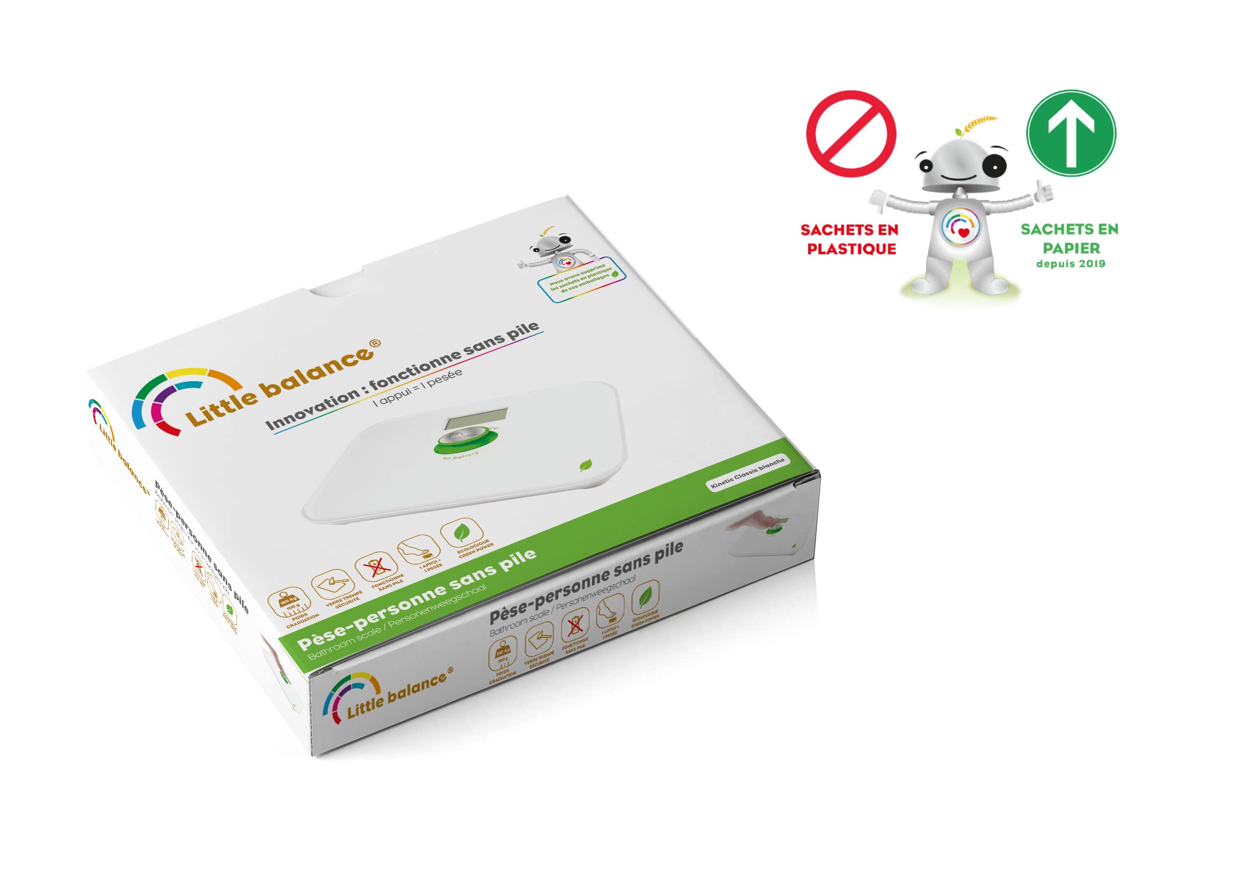 LITTLE BALANCE 8154 Kinetic Blanc / Vert - Pèse-personne sans pile - Ecologique grâce son bouton Little Balance - 180 kg / 100 g