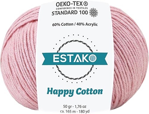 Estako Happy Cotton, 60% algodón, 40% hilo acrílico, suave, finodeportivo (2) para ganchillo y tejer, 1.76 oz (50 g), 180 yardas (541.3 ft) (4310 -
