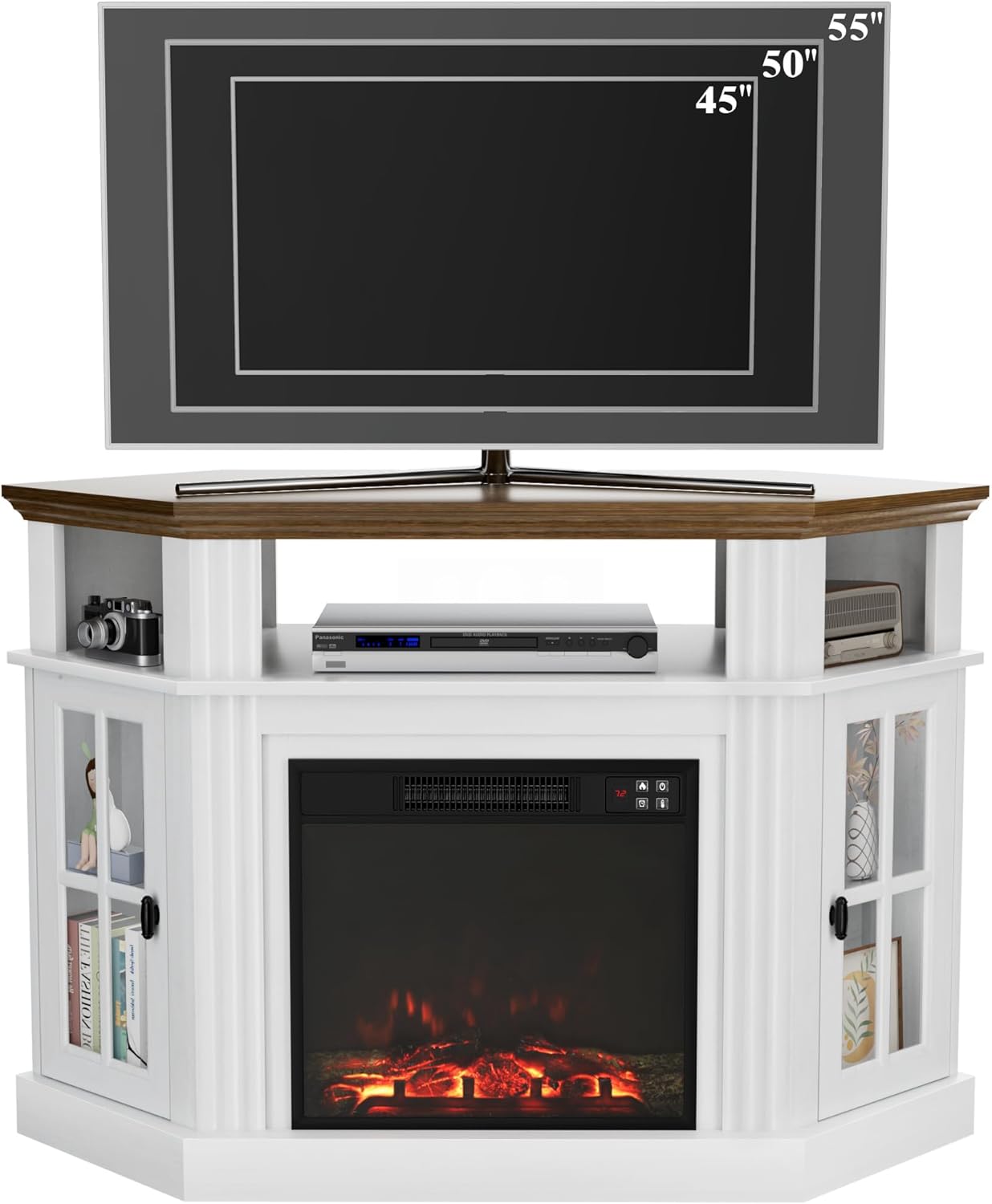 ഫ്രണ്ട് view of the Flamaker Fireplace Corner TV Stand with a television, indicating compatibility with 45, 50, and 55-inch TVs.